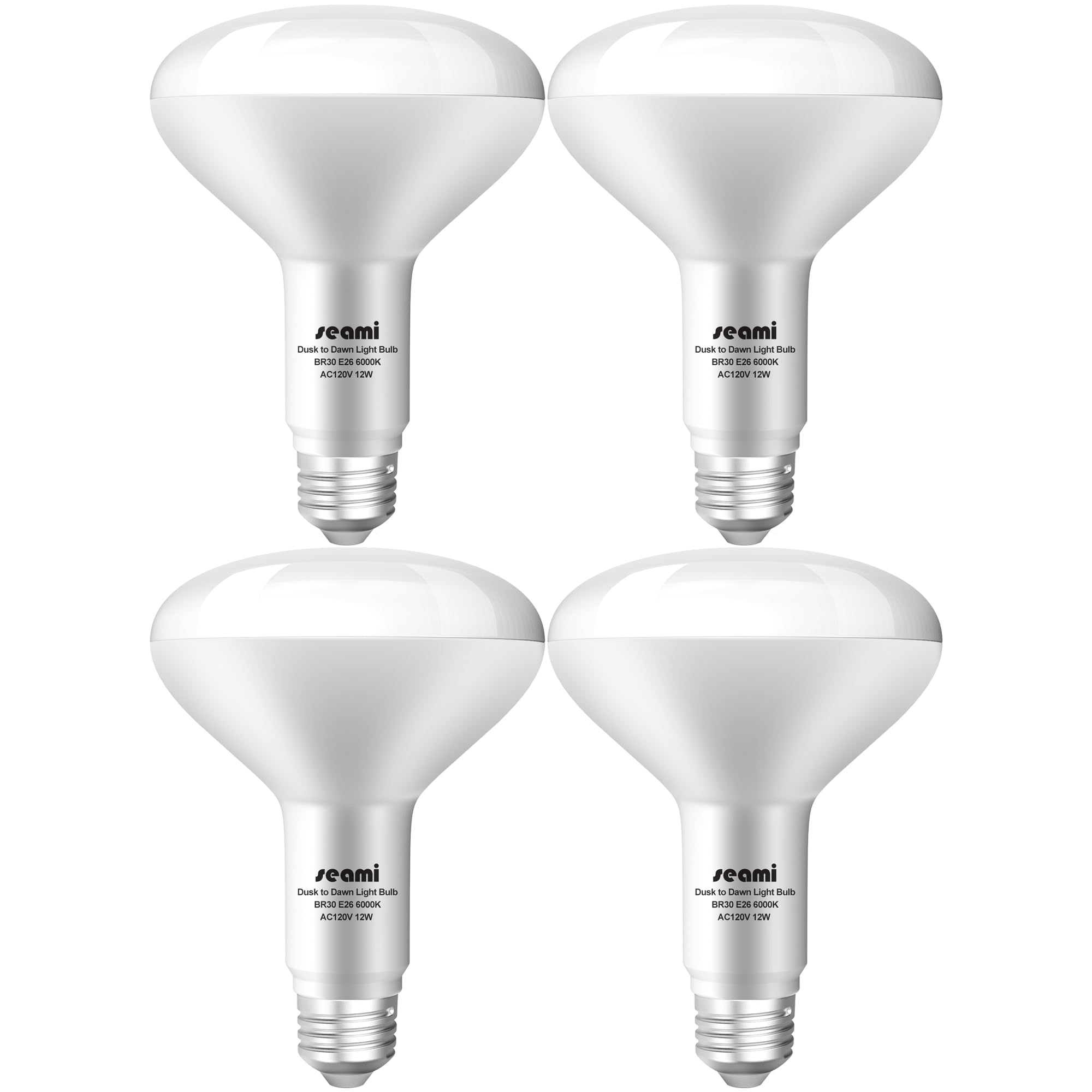 seami Dusk to Dawn LED BR30 Light Bulbs, 12W E26, 6000K Daylight, Auto On/Off, Pack of 4, Model SPGG01