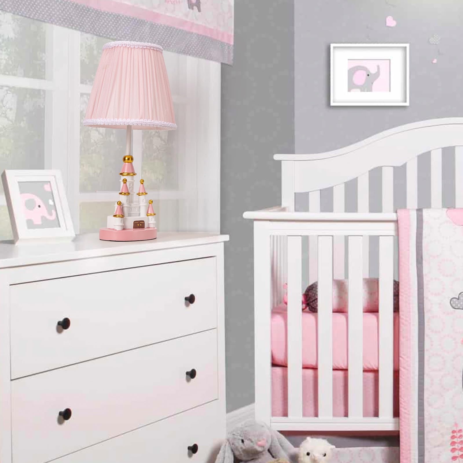 HERBESTBAY Kids Table Lamp - 14 Inch Pink Castle Style Desk Lamp with LED Bulb, Perfect for Girls' Bedroom Decor, Model HB-T8519R
