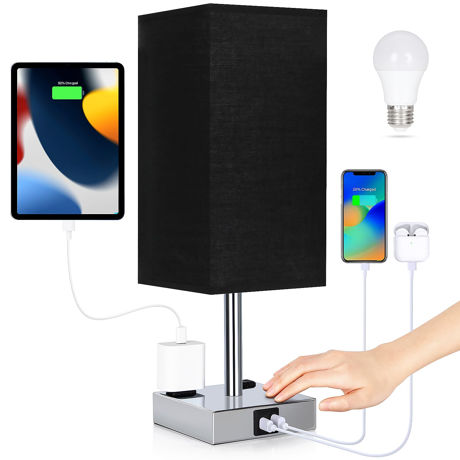 Soilsiu Touch Control Bedside Lamp with USB C+A Ports, 3-Way Dimmable, 4.3in Width, Black, Model TD-018S