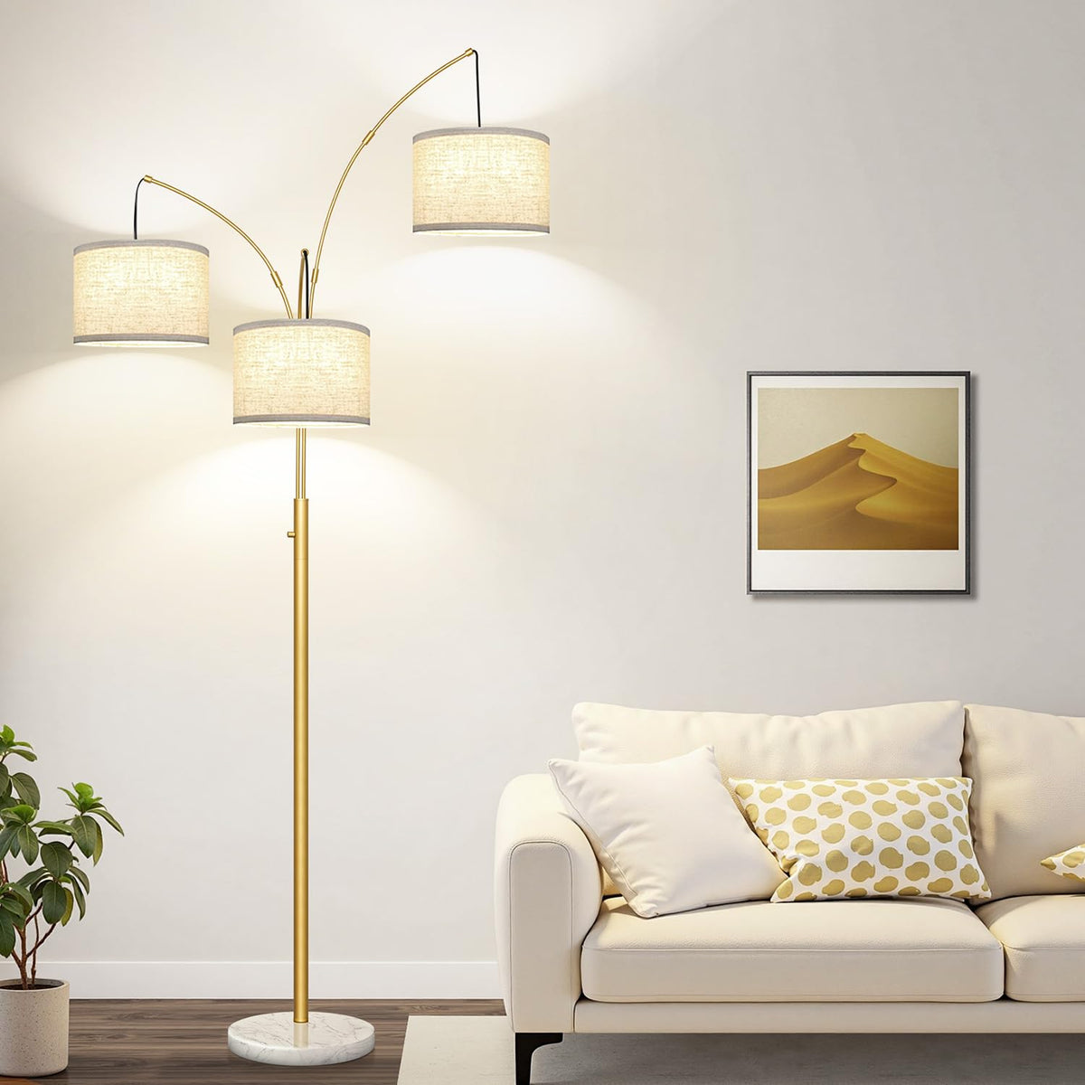 Dimmable Floor Lamp - 3 Lights Gold Floor Lamps For Living Room Linen White Shades & Marble Base, Mid Century Tree Floor Lamp Fo