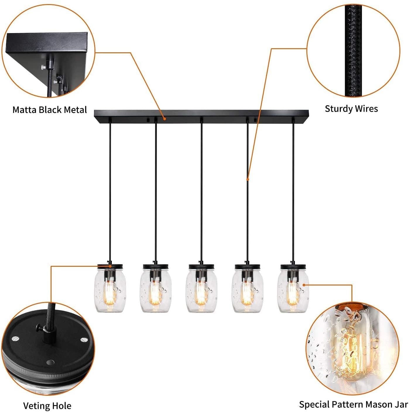 PUZHI HOME 5-Light Glass Mason Jar Pendant Lighting, Rustic Adjustable Height, Black, Model 31