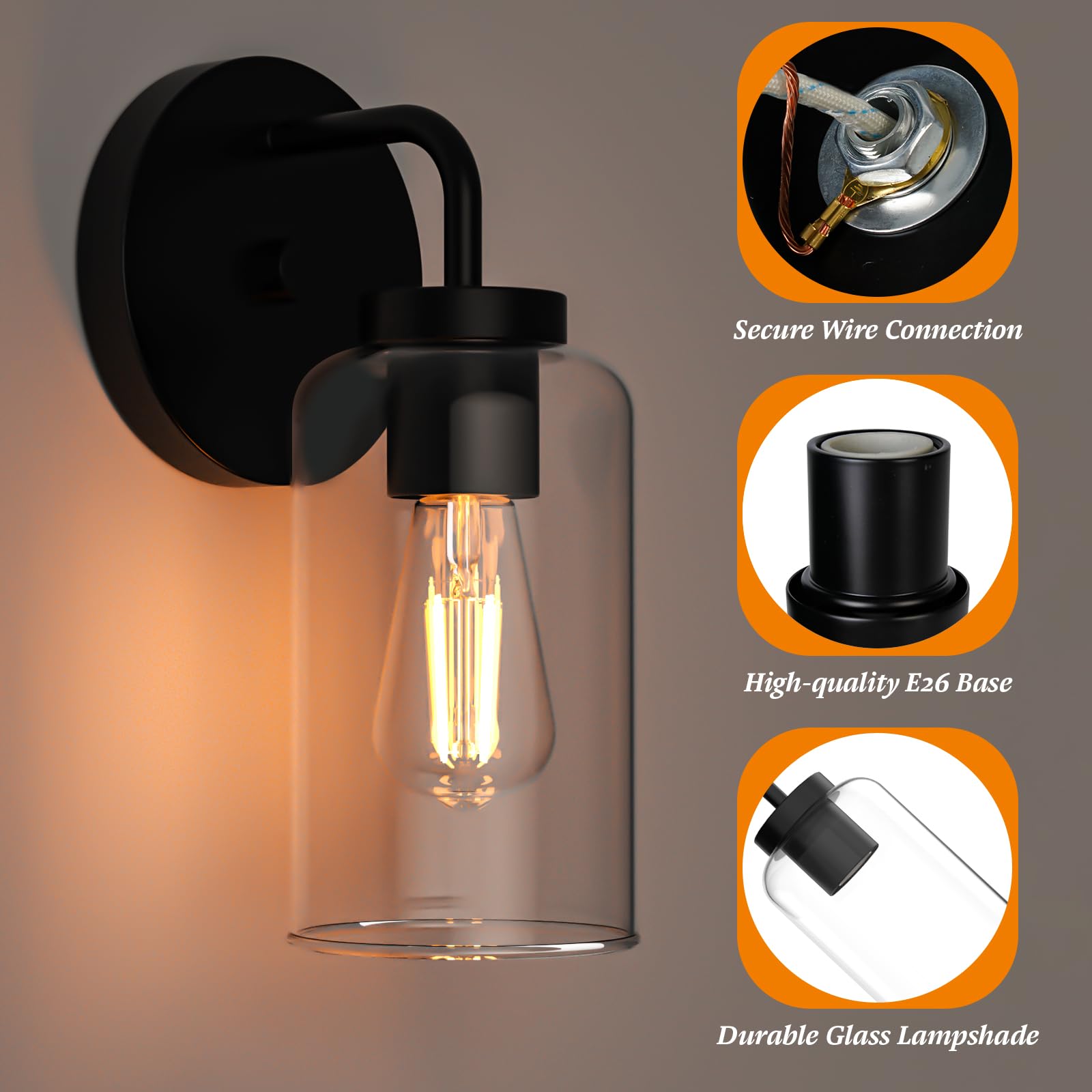 Zevluck Wall Sconces Set Of 2 - Modern Black Metal Light Fixtures With Clear Glass Shade For Bathroom, Bedroom, Living Room, Hardwired