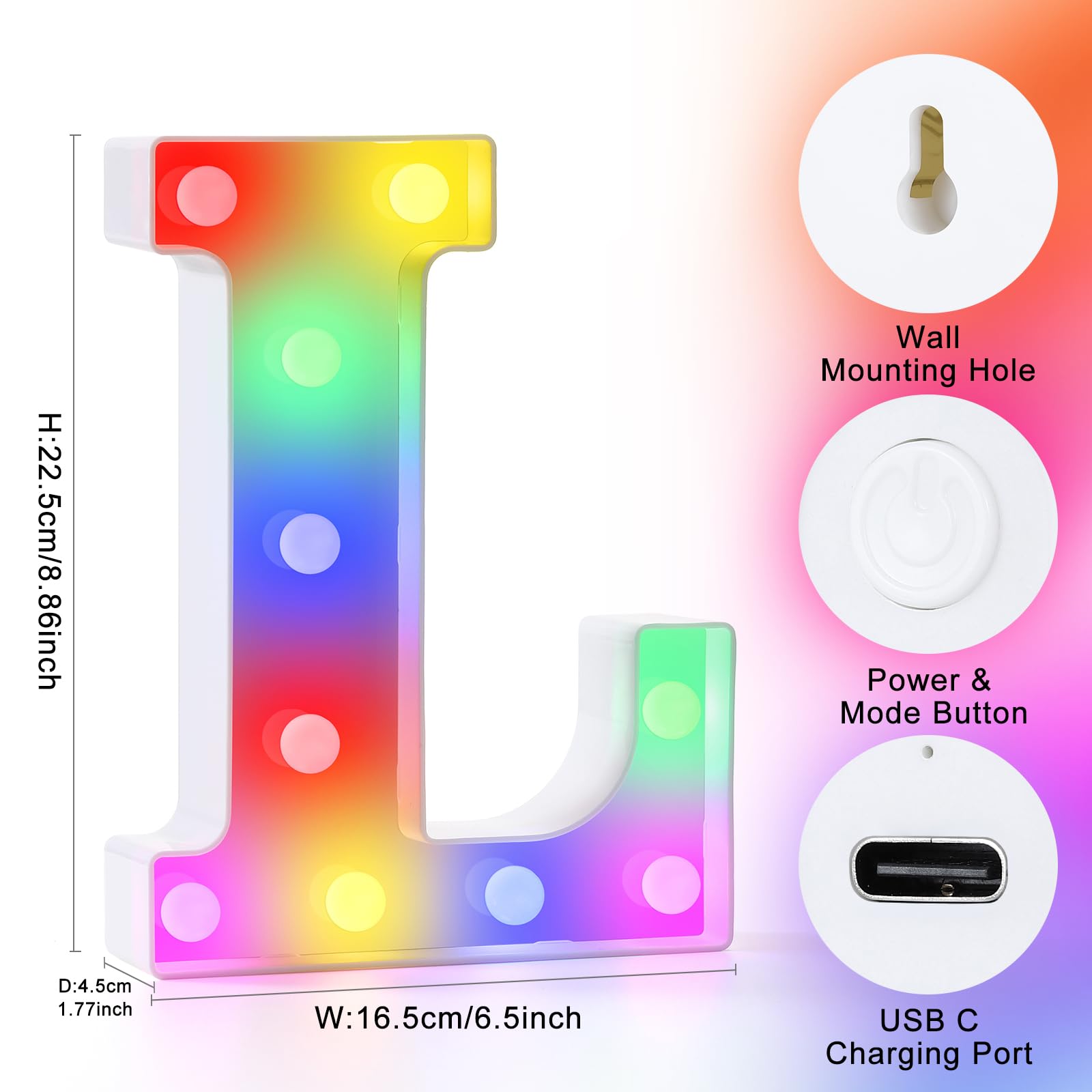 Mooncow Rechargeable Light Up Letters,Colorful Marquee Letters With Remote,Gift Wrap Gifts,Bedroom Home Bar Party Decor (L)
