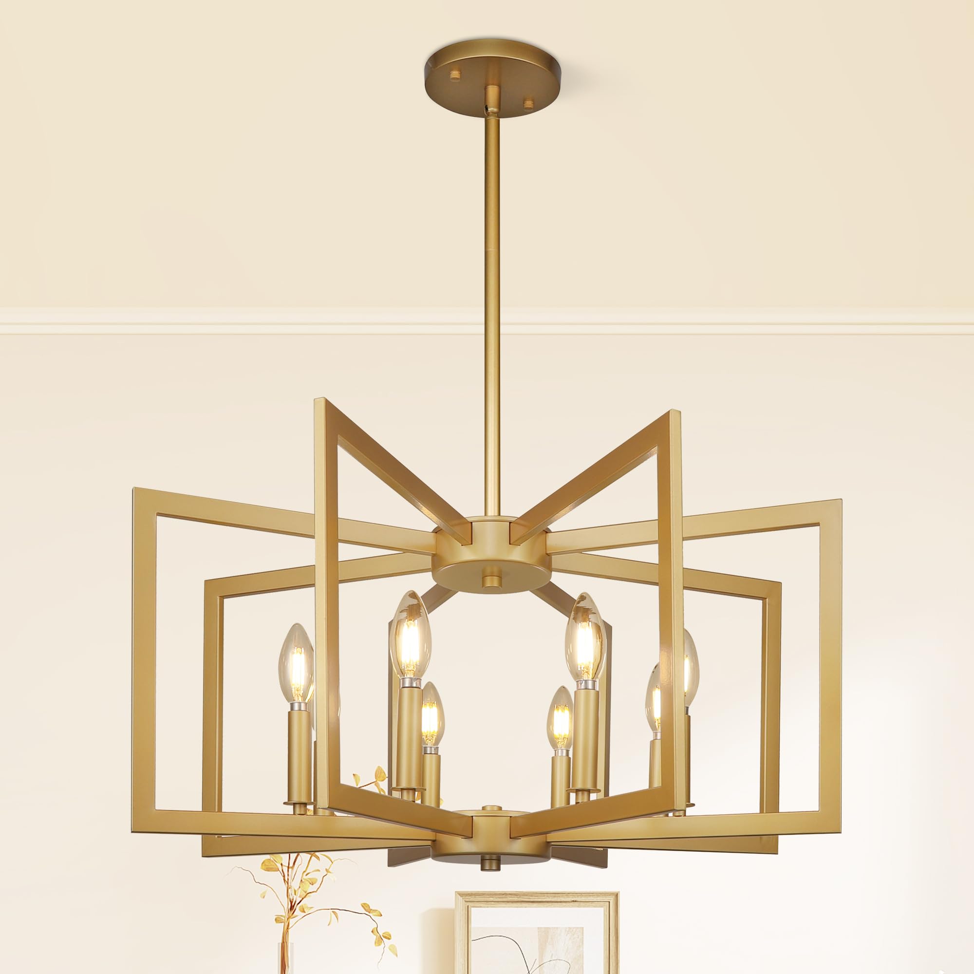 Klgxnrd 8-Light Modern Farmhouse Gold Geometric Chandelier, Large Industrial Metal Kitchen Light Fixtures, Rustic Cage Hanging L