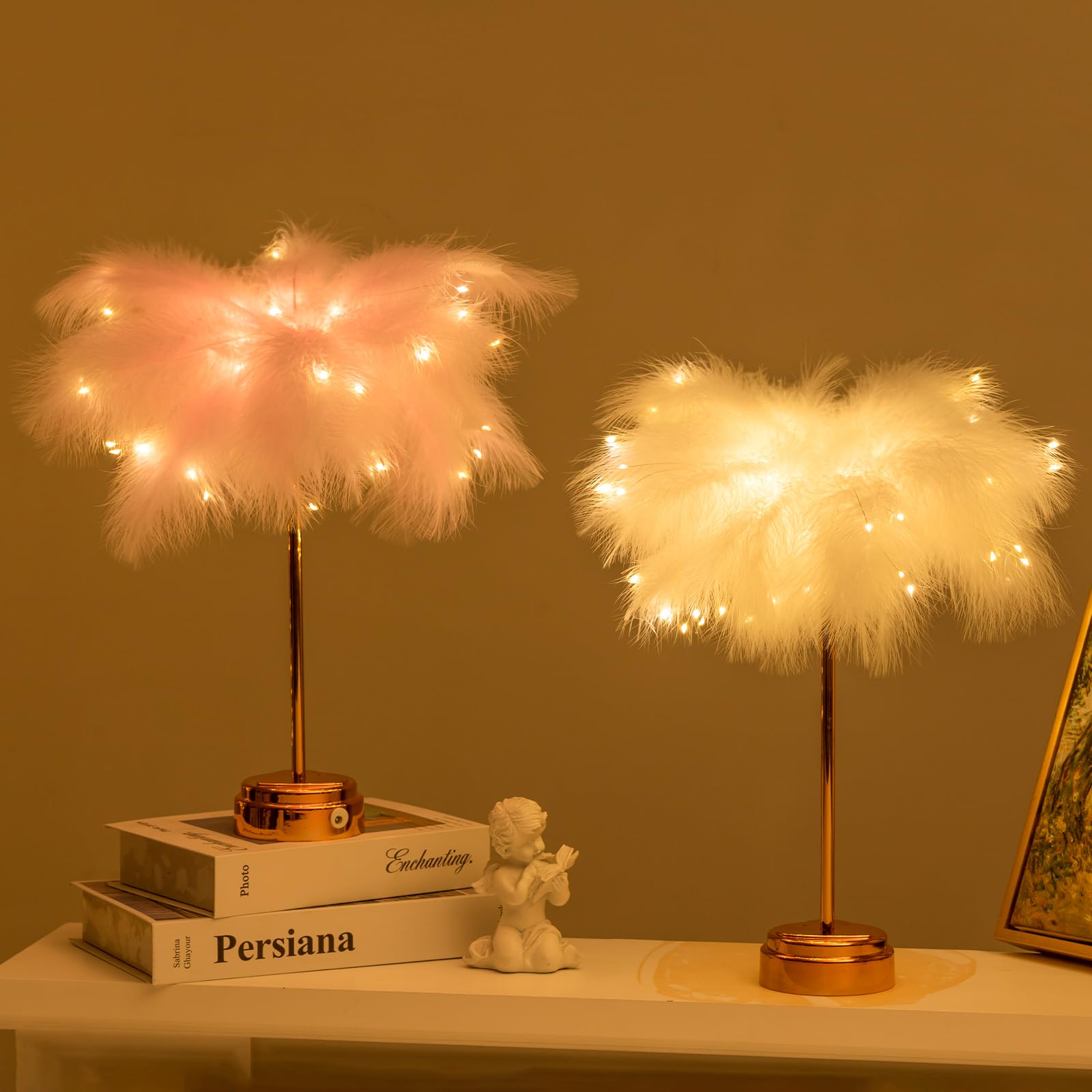 Bdusxyz White Feather Lamp - Led Atmosphere Feather Night Lights Bedside Lamps For Mother, Girlfriend Home Girl Room Wedding Dec