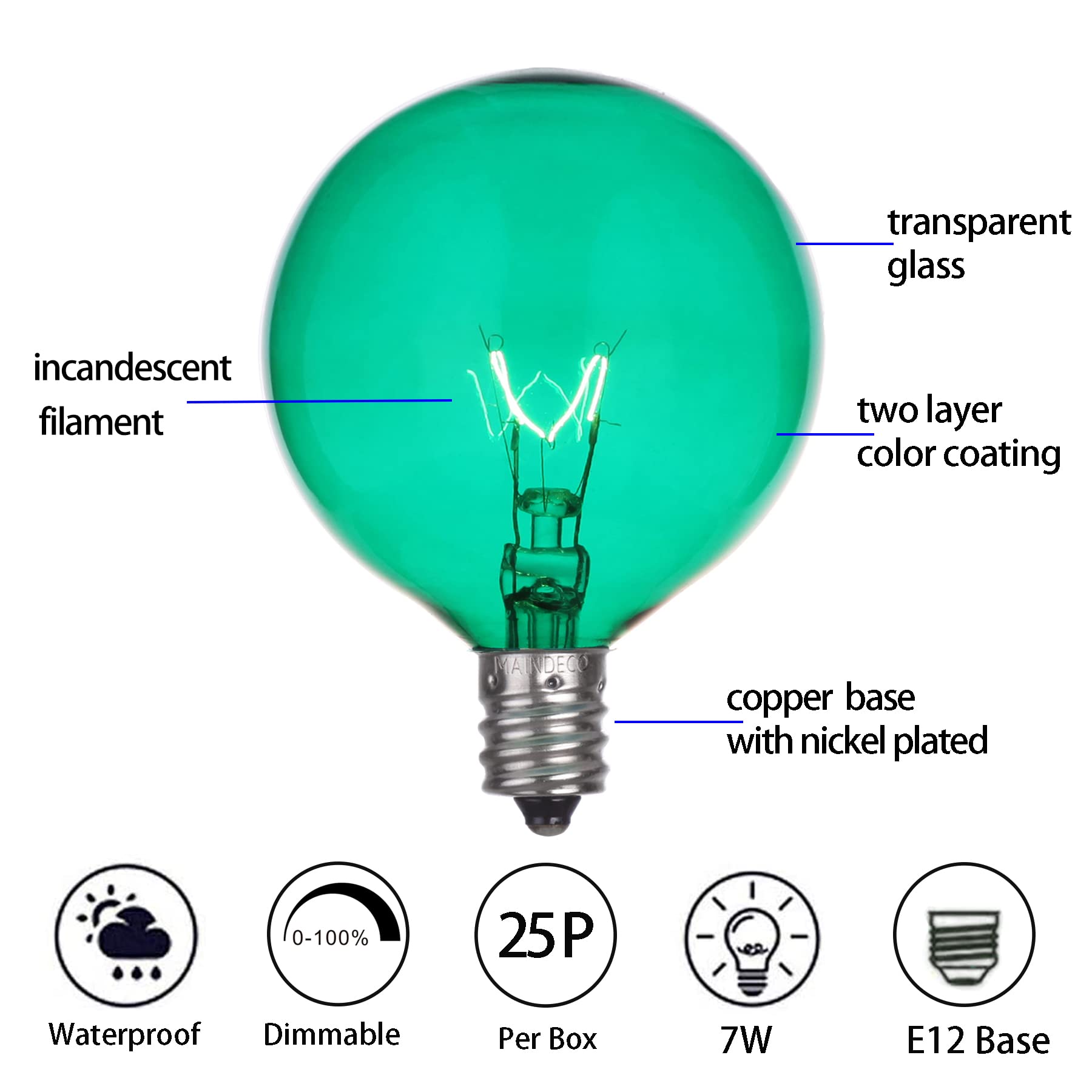 Maindeco 25 Pack G50 Replacement Bulbs,120V 7W Incandescent,E12 Base,For Indoor Outdoor String Lights-Green