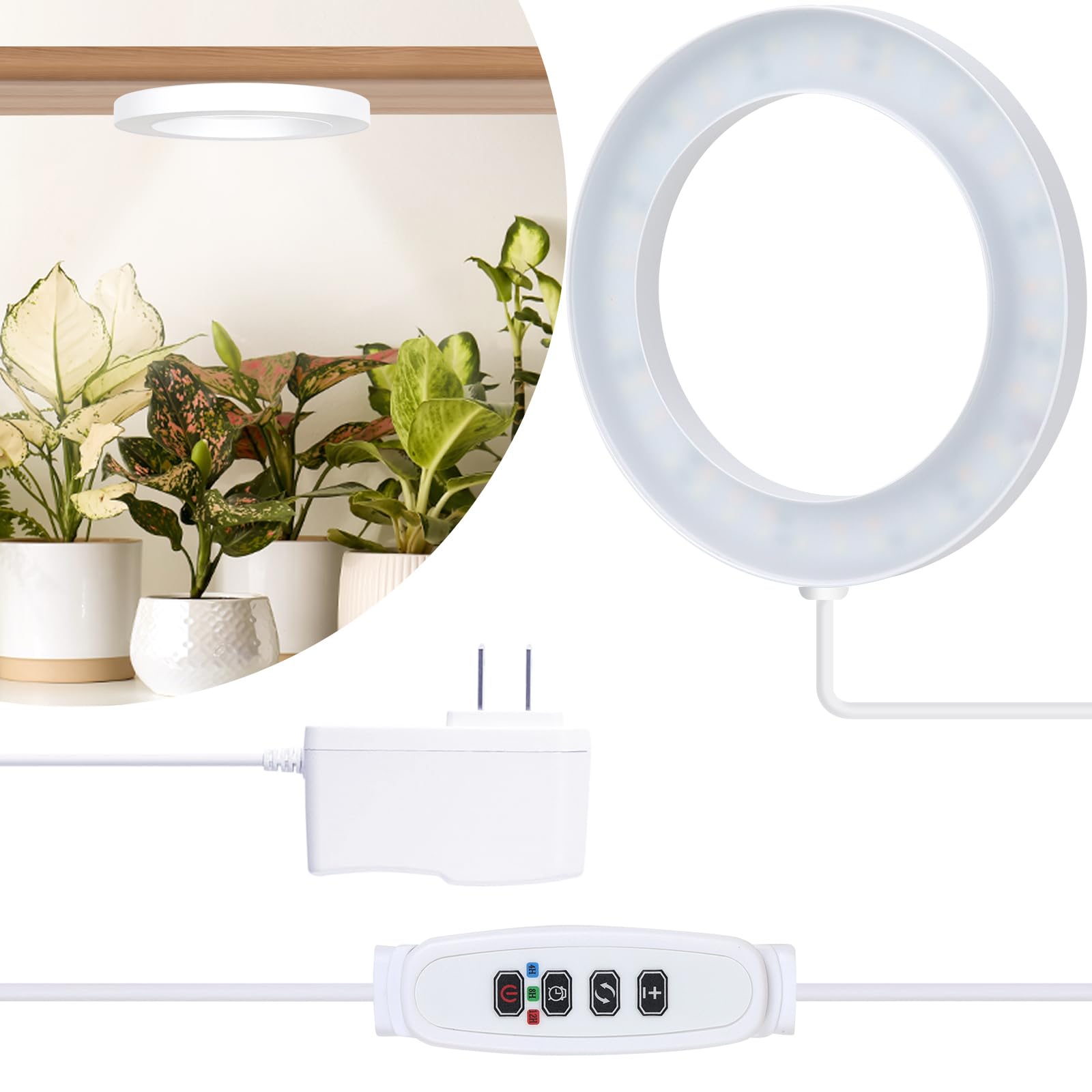 Aopeids 2025 Upgraded Full Spectrum Grow Light For Indoor Plants - 72 Leds, 3 Lighting Modes, Auto On/Off Timer (4/8/12H), 10-Level Dimmable Halo Small Plant Lights (White, 6.3Inch One Head)