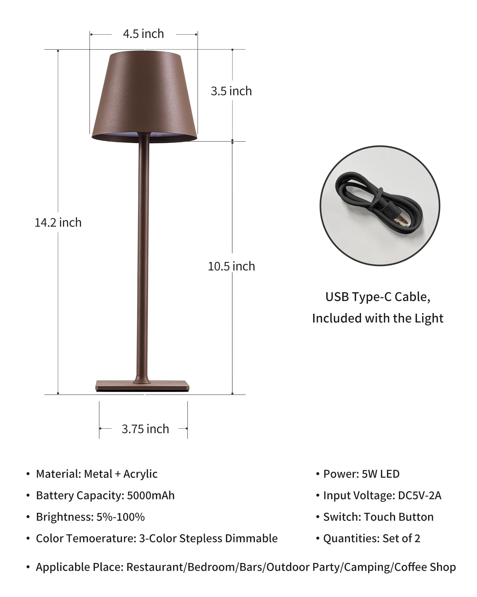 KDG Cordless Table Lamp - Portable LED, 5000mAh Battery, 3 Color Dimming, Brown, Model AMZ-TBL-003-2-BR