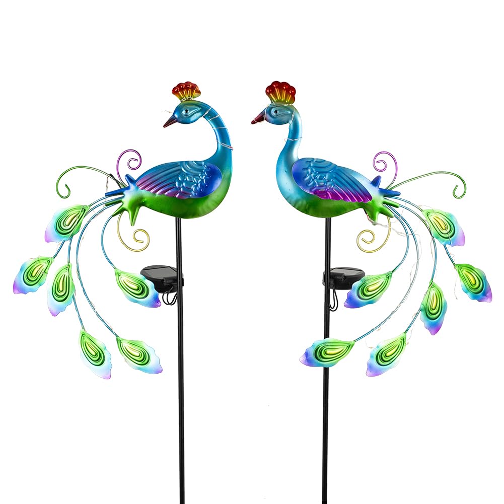 DREAMSOUL 2 Pack Metal Peacock Solar Lights Outdoor Waterproof LED Solar Lights, Decorative Garden Stakes for Yard Pathway Peaco
