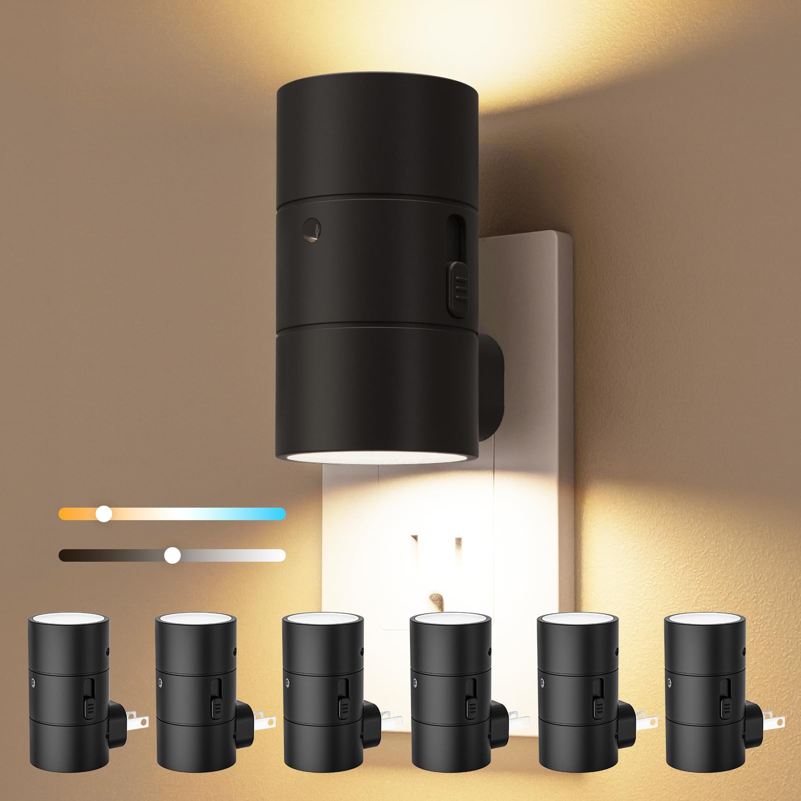 VOLISUN Dimmable LED Night Light with Dusk to Dawn Sensor, Adjustable 0-100LM Brightness, 3 Color Temps, 6 Pack, Black, Model LH-XYD