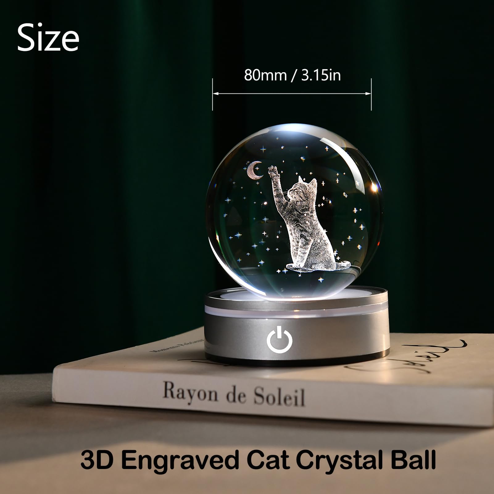 Ifolaina 3D Cat Crystal Ball Cute Cat Lover Gifts For Women Christmas Snow Globe Gifts For Birthday Mothers Day Kitten Lamp 3.15 Engraved Glass Sphere Decor Night Light