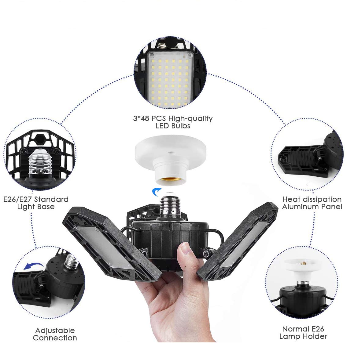 Anypowk Led Garage Light - 6000 Lumen 6500K Daylight 60W, Three Leaf Led Garage Ceiling Lights