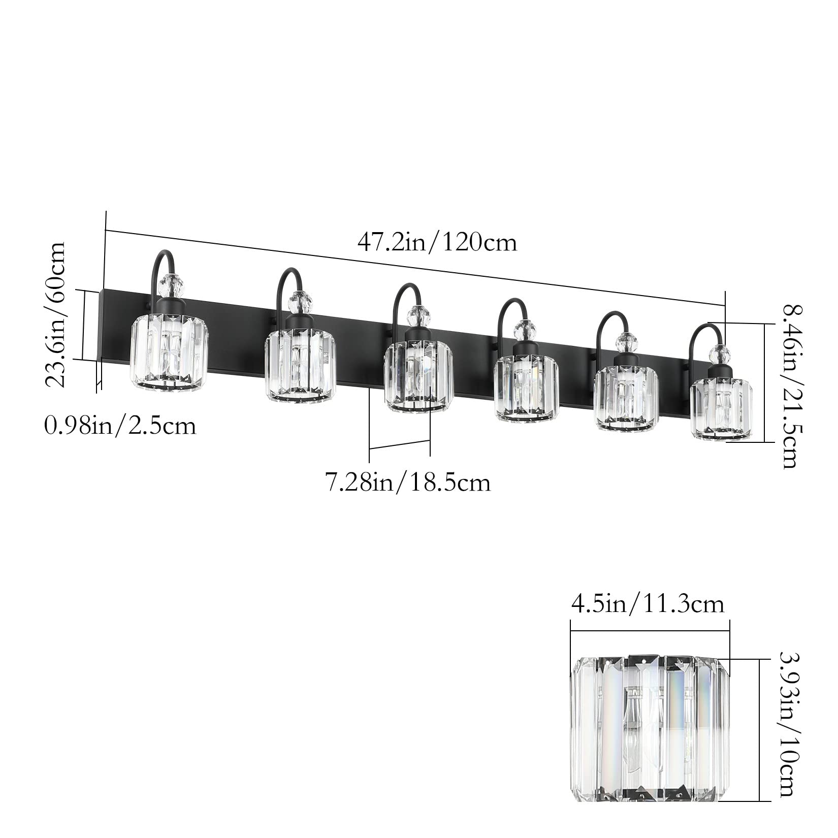 Ralbay 6-Light Crystal Vanity Lights, Matte Black, Metal, Model 8600, Modern Bathroom Wall Fixture