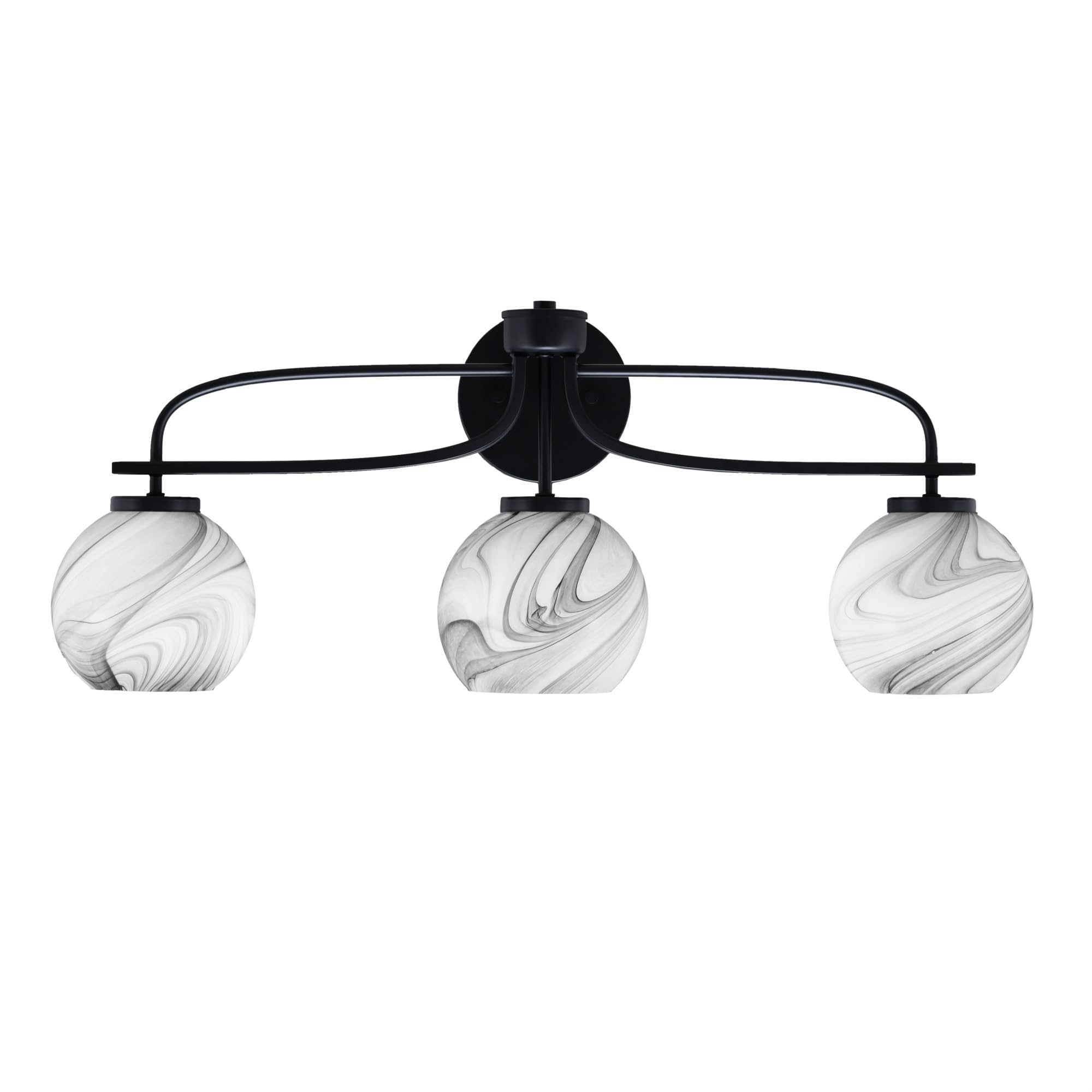 Cavella 3 Light Bath Bar Shown In Matte Black Finish With 5.75" Onyx Swirl Glass