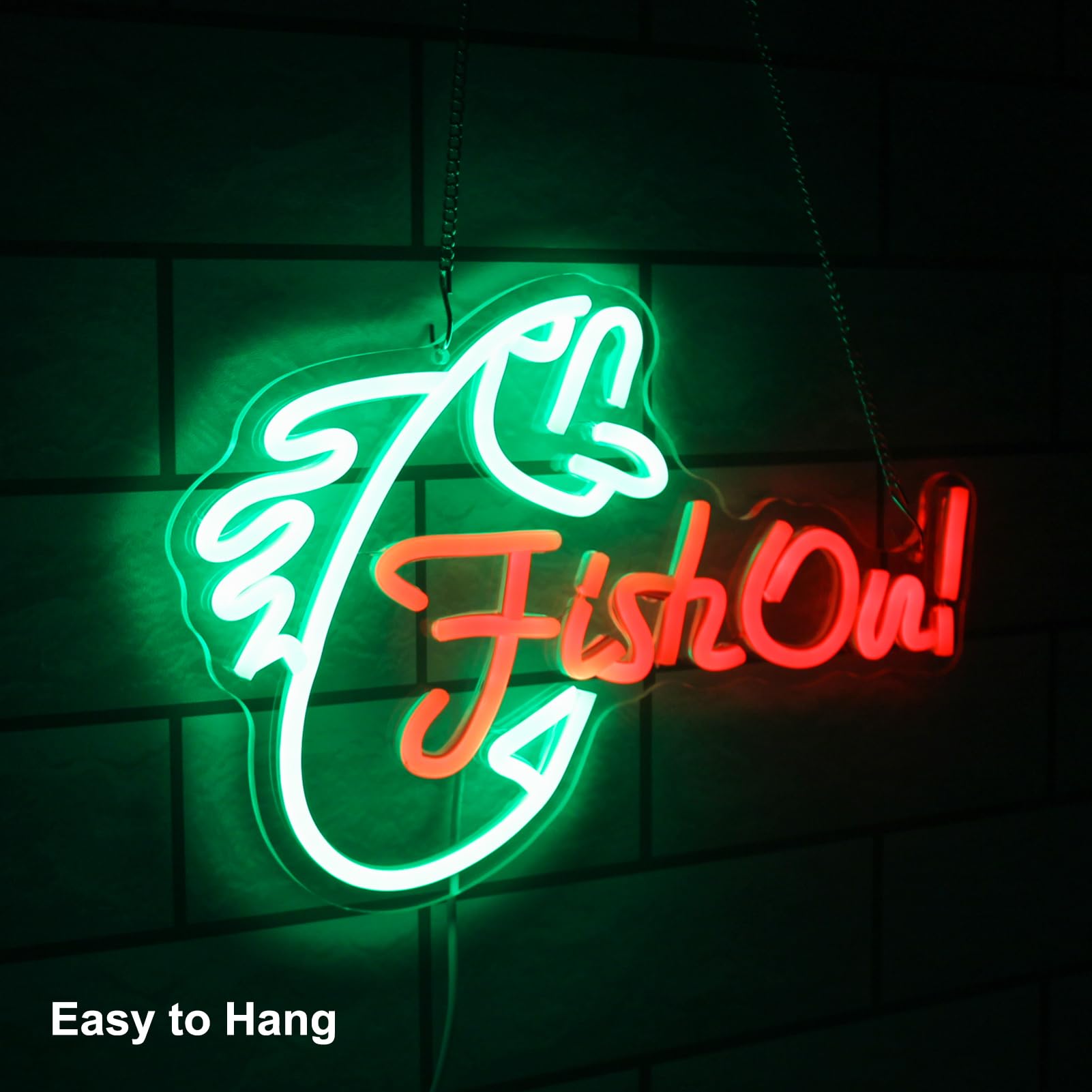 Kullneon LED Neon Sign - Fish On Dimmable Wall Light, Green Red Acrylic, Model YL-Fish On, Ideal for Bedroom, Living Room, Man Cave Decor