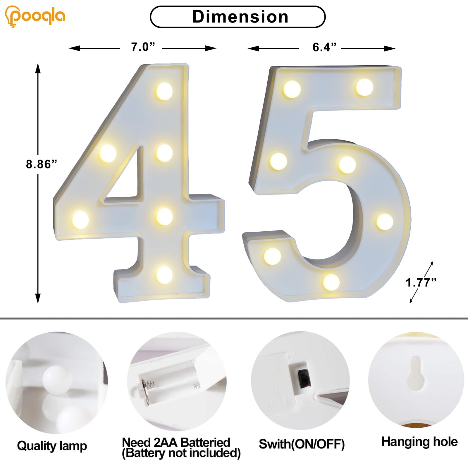 Pooqla Decorative Led Light Up Number Letters, White Plastic Marquee Number Lights Sign For 45Th Birthday Party Wedding Decor Battery Operated Number (45)