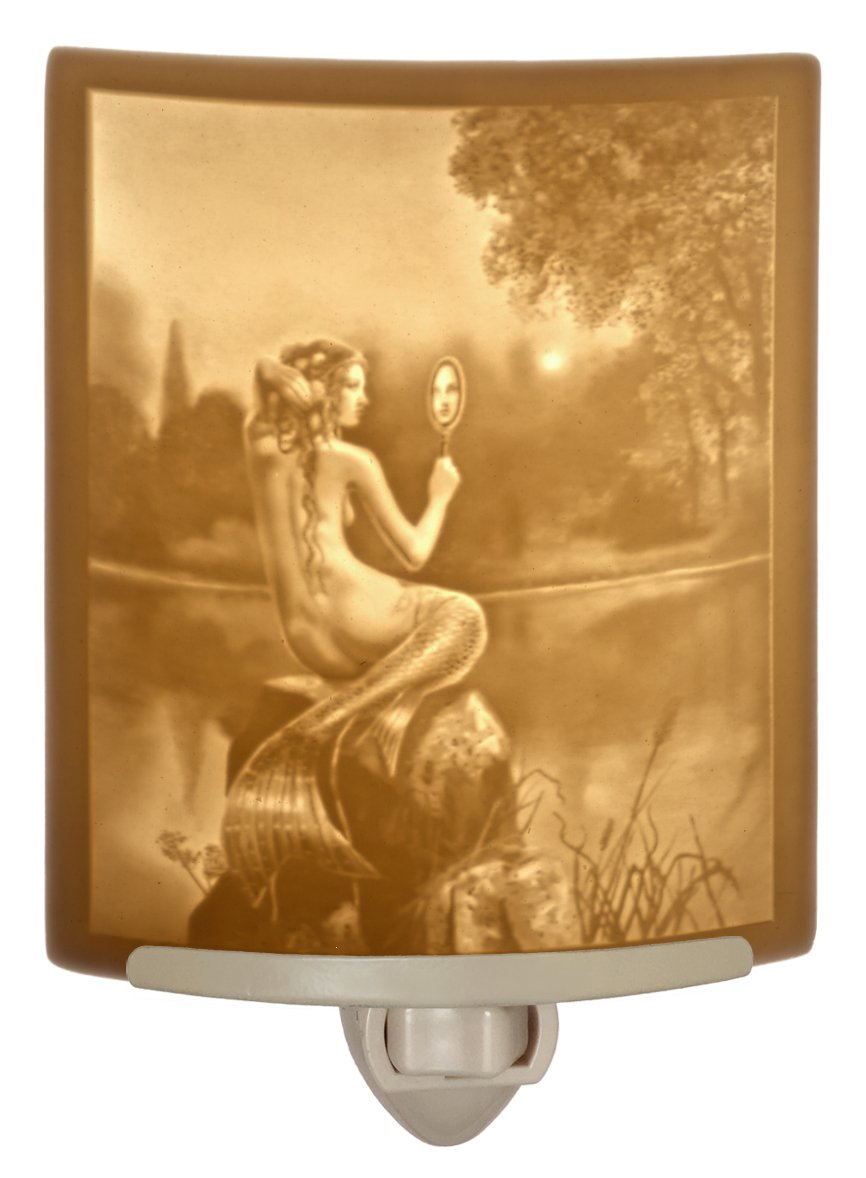 The Porcelain Garden Mermaid Night Light, Etched Porcelain Lithophane Mermaid & Mirror, Art By David Delamare, Decorative Wall P