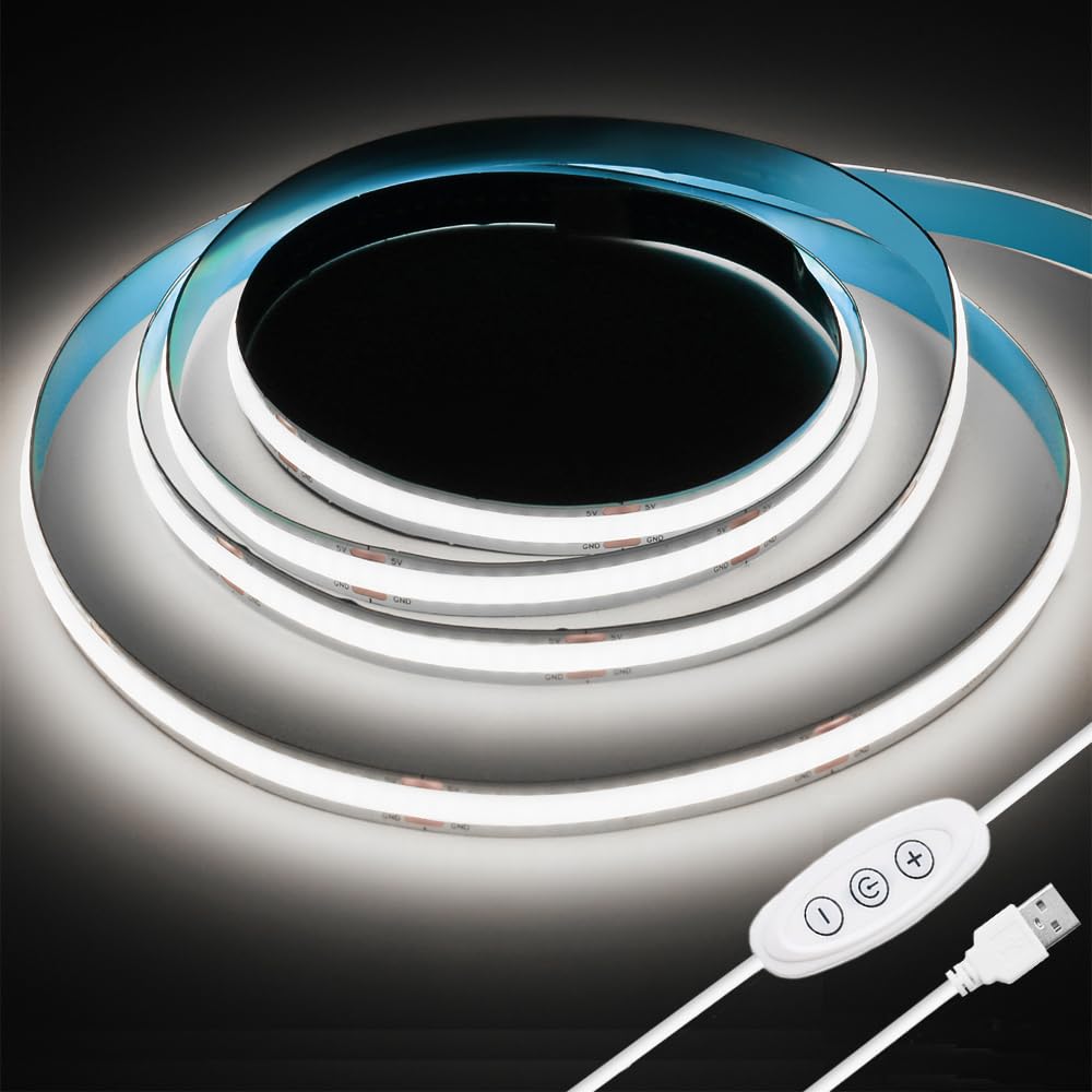 Smacen USB Powered COB Led Strip Lights, 6.56Ft Battery Operated 6000K LED Strip Lights, High Brightness Flexible LED Tape Light