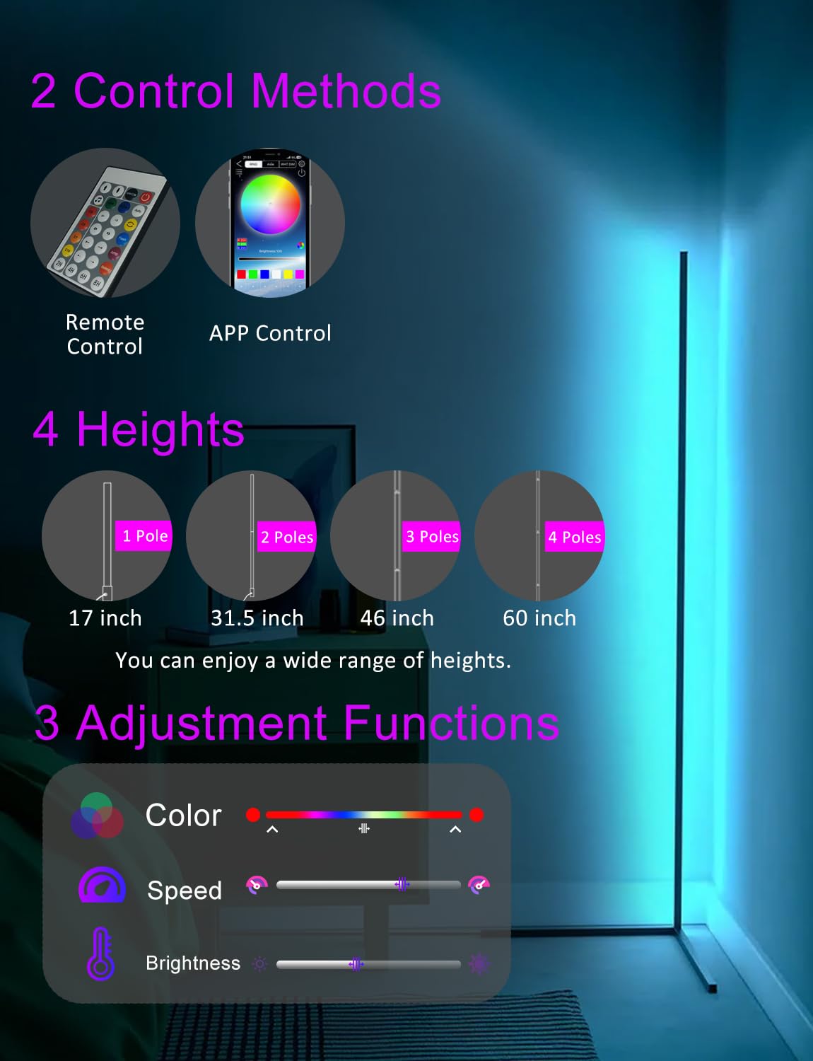 Corner Floor Lamp,60Smart Rgb Led Corner Lamp With App And Remote Control, Color Changing Ambience Light With Music Sync, Easy T