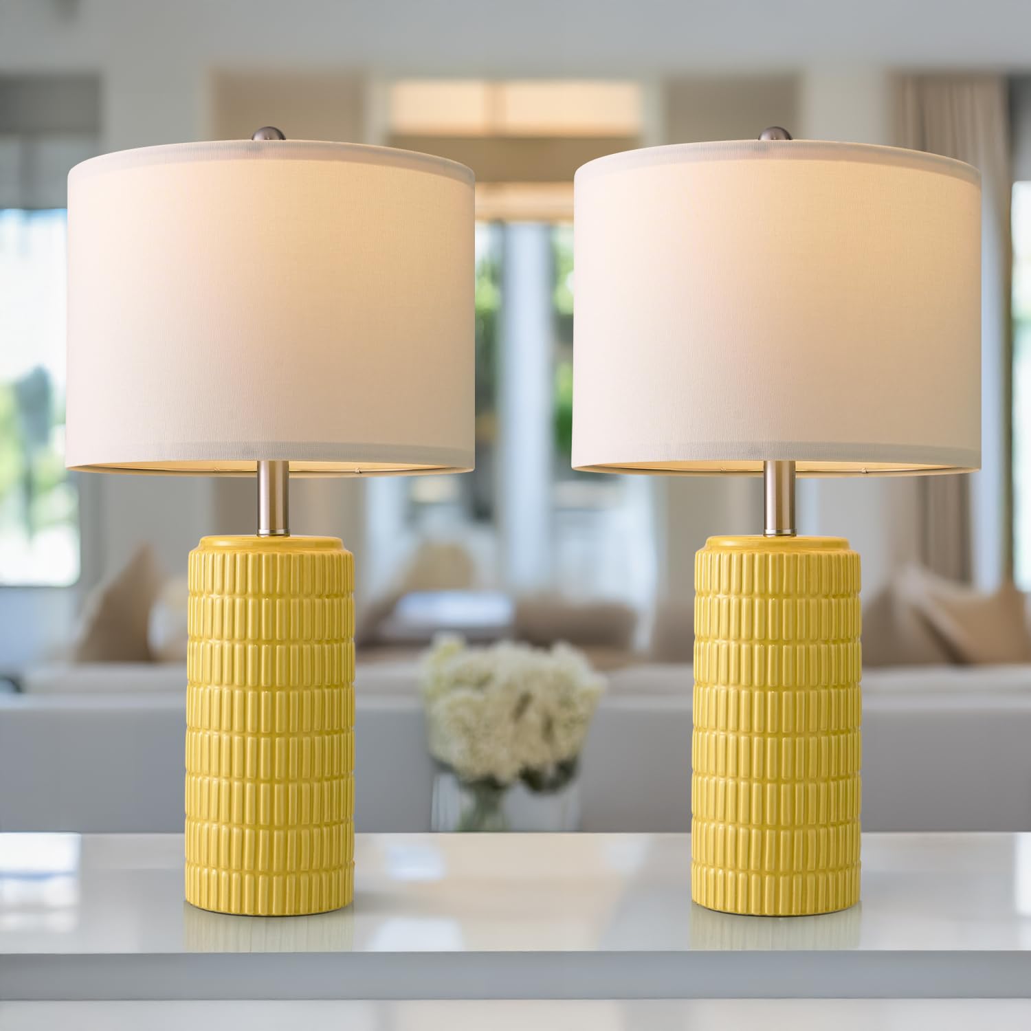 PoKat Set of 2 Modern 23" Yellow Ceramic Table Lamps for Living Room, Medium Nightstand Lamps, Model AMZ-T1102YW