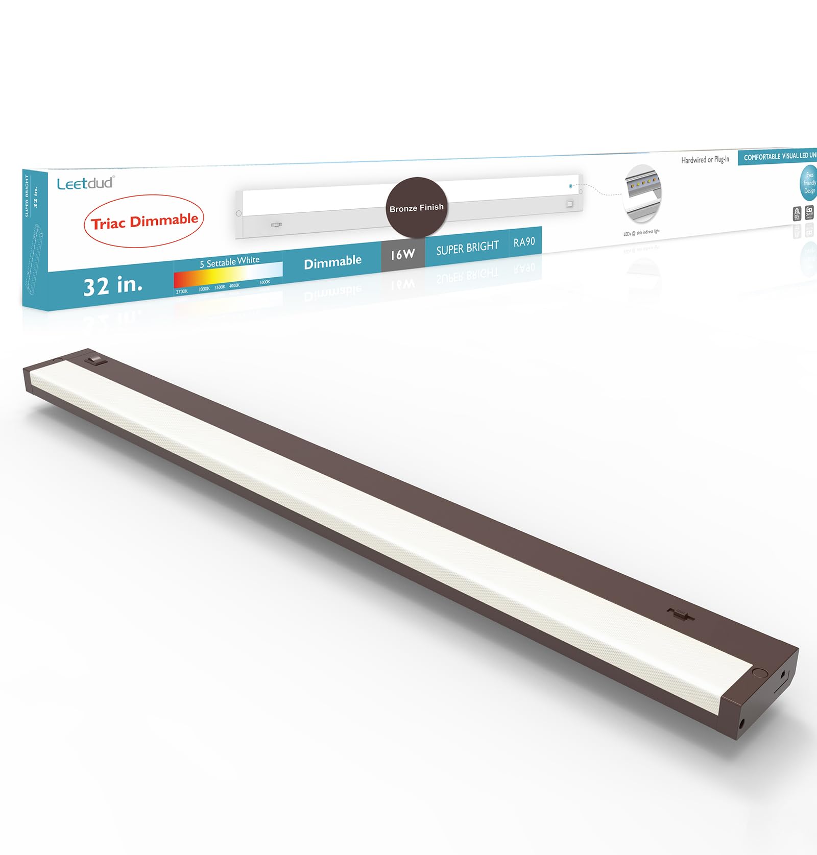 Leetdud LED Under Cabinet Lighting, Dimmable 5 Color, 32 Inch, 16W, Bronze, Model AirKitPro3216WU-TPTC-D-BR, Hard