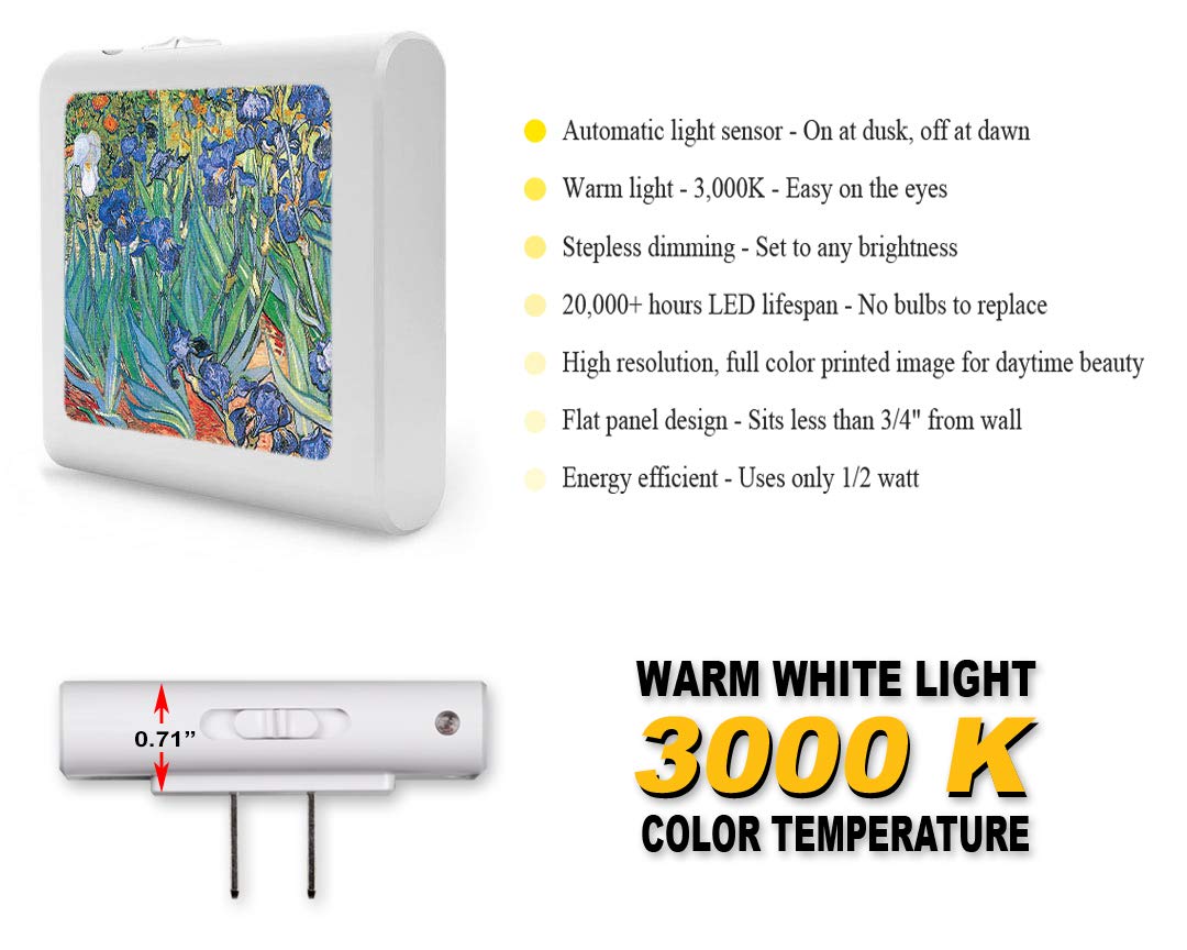 Plug In Dimmable Led Night Light With Dusk To Dawn Auto Sensor, Adjustable Brightness, Warm Light, Auto On-Off Nightlight For Bathroom, Hallway, Nursery, Bedrooms - Van Gogh: Irises