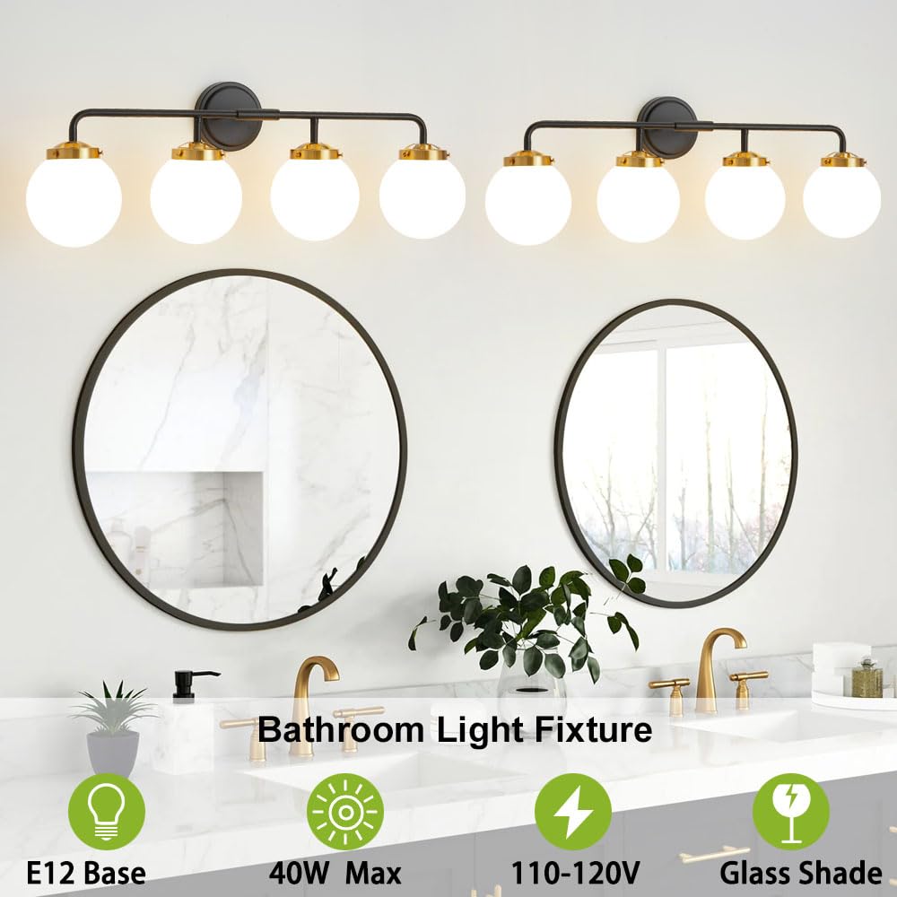 Deyidn Black Gold Bathroom Light Fixtures Above Mirror, Modern Vanity Lighting With White Glass Globe Shade 4-Light Farmhouse Wa