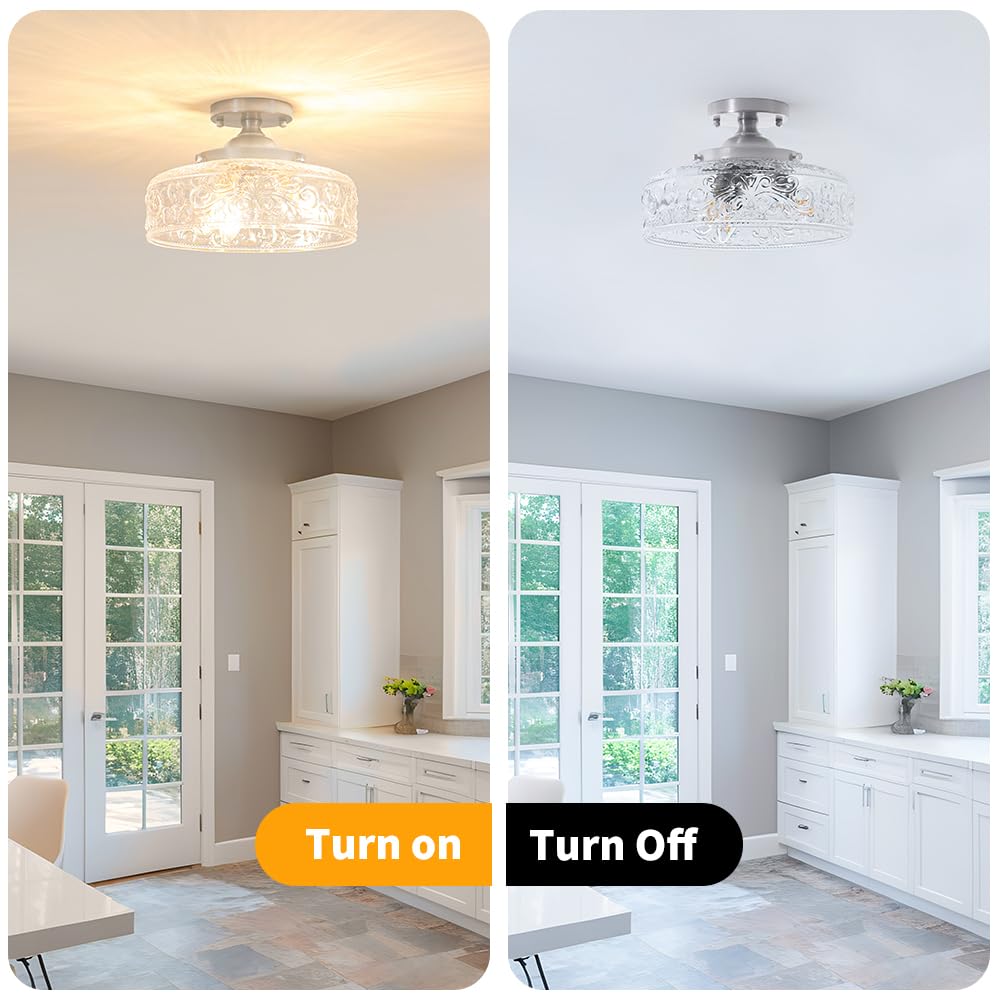 Brushed Nickel Semi Flush Mount Ceiling Light  3-Light Close To Ceiling Light  Flush Mount Ceiling Lighting With Globe Glass  Farmhouse Closet Fixtures For Hallway Bedroom Entryway Kitchen Porch E12