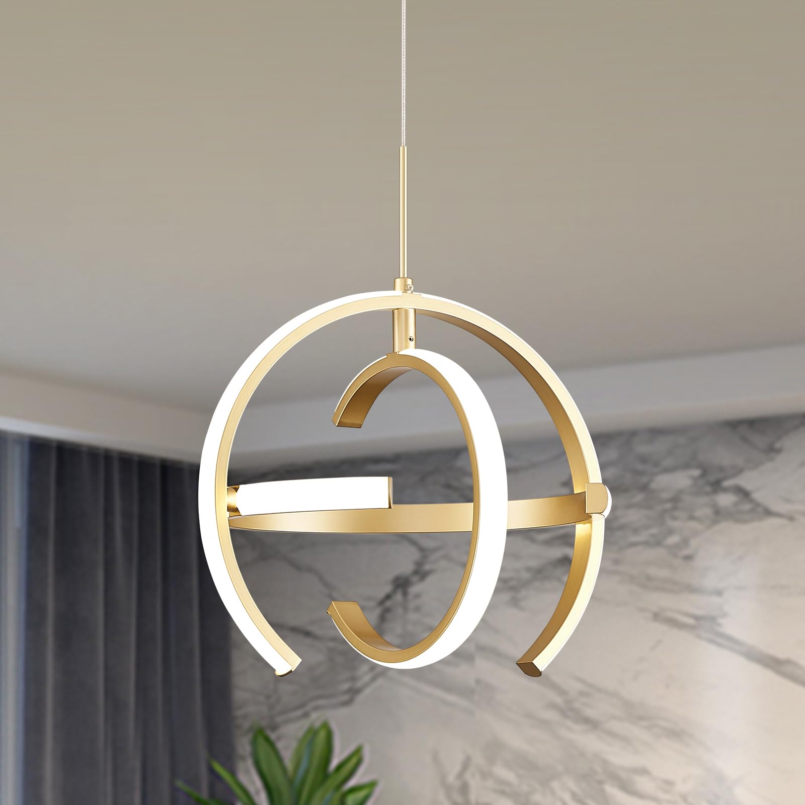 VIOLOEMI Modern Gold LED Chandelier, Globe 4000K Pendant Light Fixture, Round Adjustable Height Dining Room Hanging Light for Ki