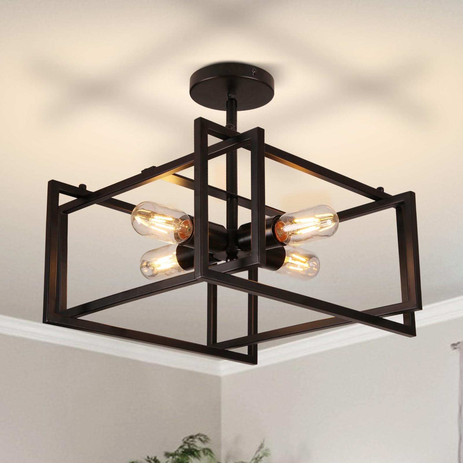 HuisMier 4 Lights Black Industrial Ceiling Light Fixtures  Farmhouse Semi Flush Mount Ceiling Light Fixture Black Industrial Chandelier for Kitchen Island Dining Room Bedroom Foyer Hallway