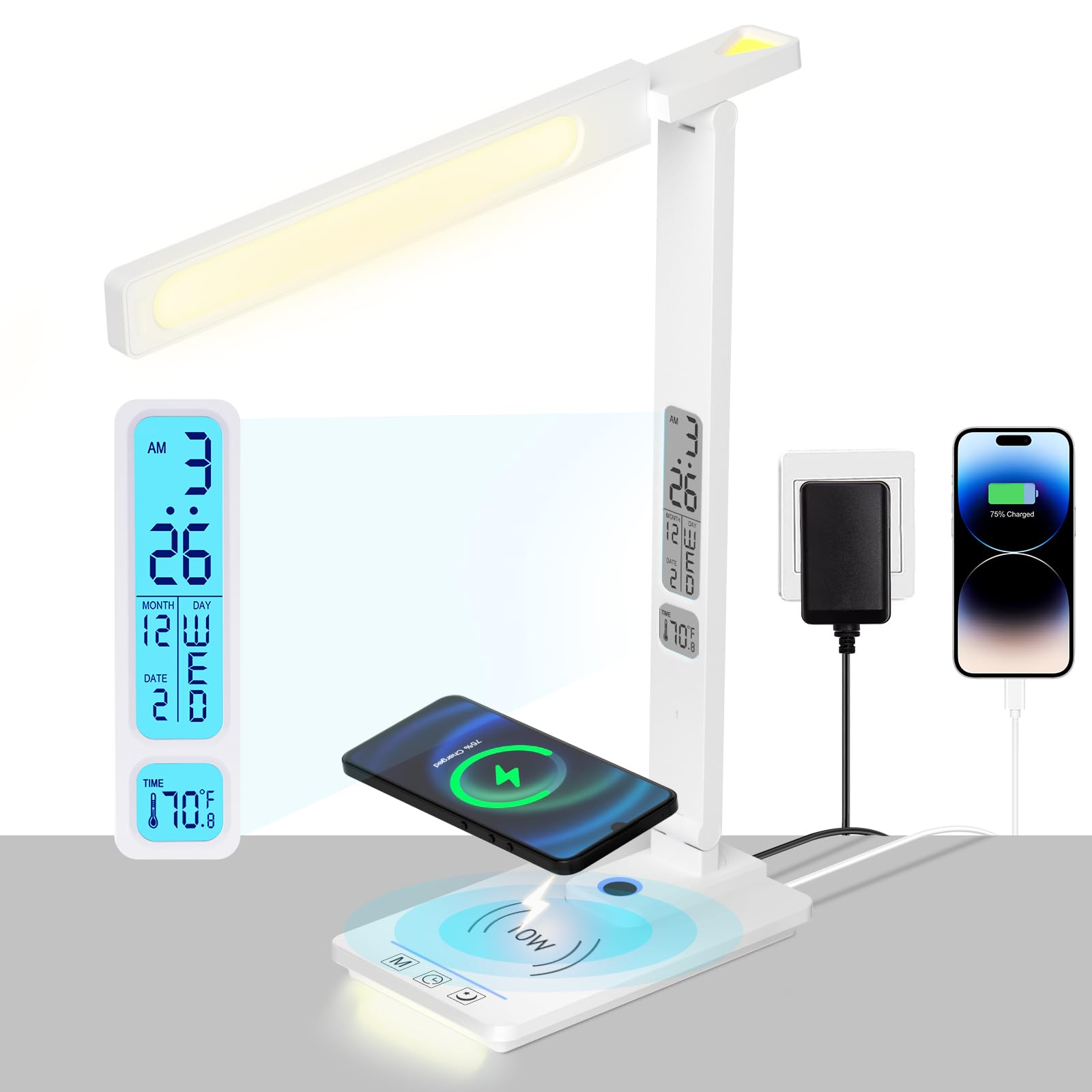 Led Desk Lamp With Wireless Charger: Smart Desk Lamp - Usb Charging Port, 5-Level Brightness & Color Dimmable, Clock, Alarm, Timer, Date, Temperature. Table Lights For Study Reading Home Office