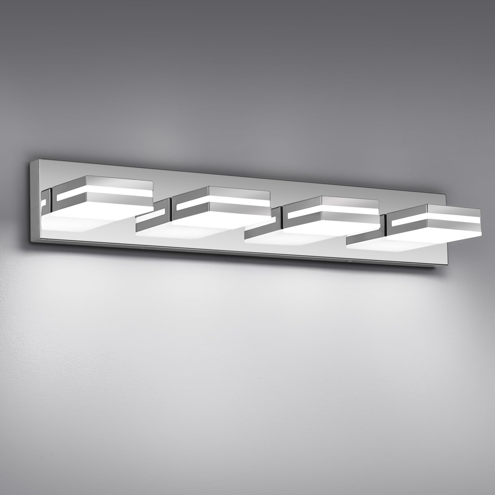 Jzekvn Modern Led Bathroom Lights Fixtures(4-Light) Stainless Steel Chrome Acrylic Wall Lighting Vanity Lights For Bathroom Over Mirror(6000K 27In