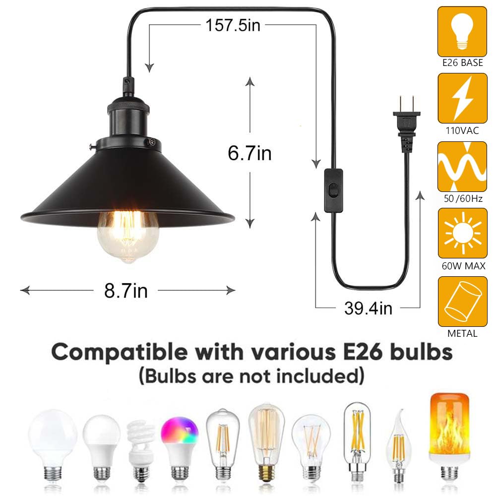 Ascelina Industrial Black 2-Pack Plug-In Pendant Light With Switch, 26X17X7.7In, E26 Socket, 16.4Ft Cord, Living Room Kitchen Diningroom Bedroom