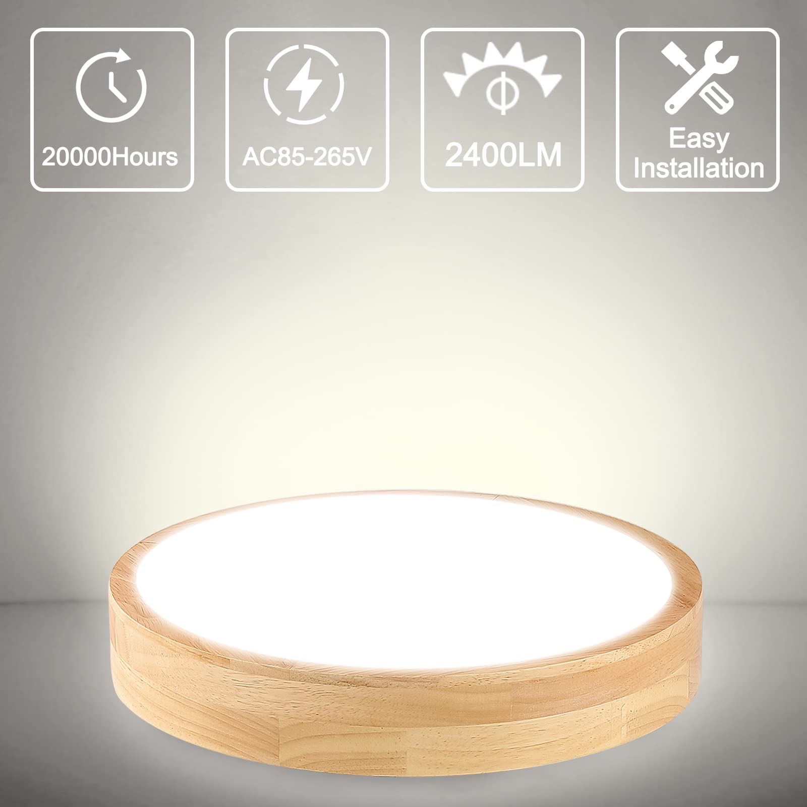 Ketom 12" LED Ceiling Light Flush Mount, 24W Wood Fixture, Natural White 4500K, Modern Minimalist Design for Bedroom, Kitchen, Hallway