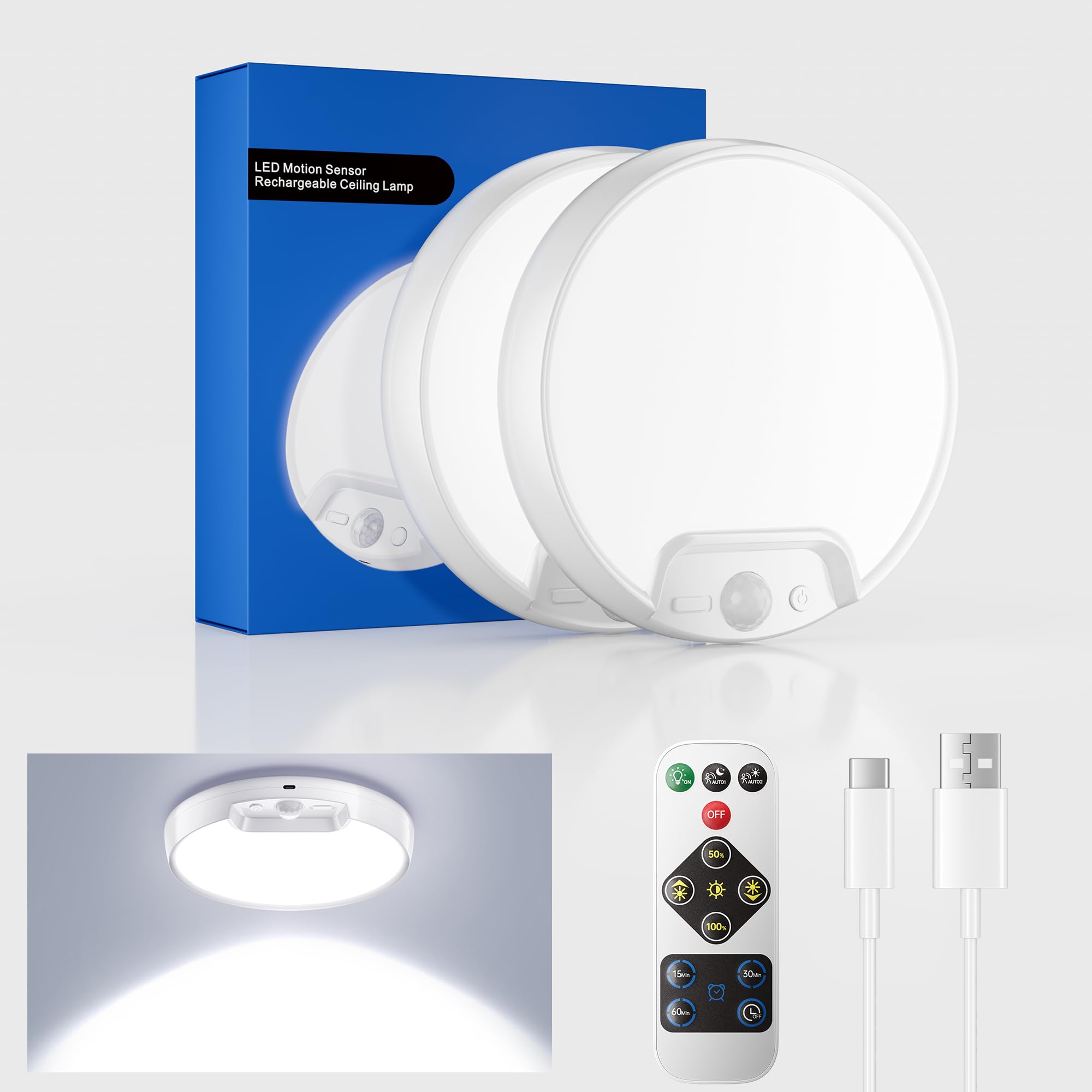 Homelist 2 Pack Upgraded Rechargeable Motion Sensor Ceiling Light, Battery-Powered Ceiling Light With Remote For Closet Stairs S