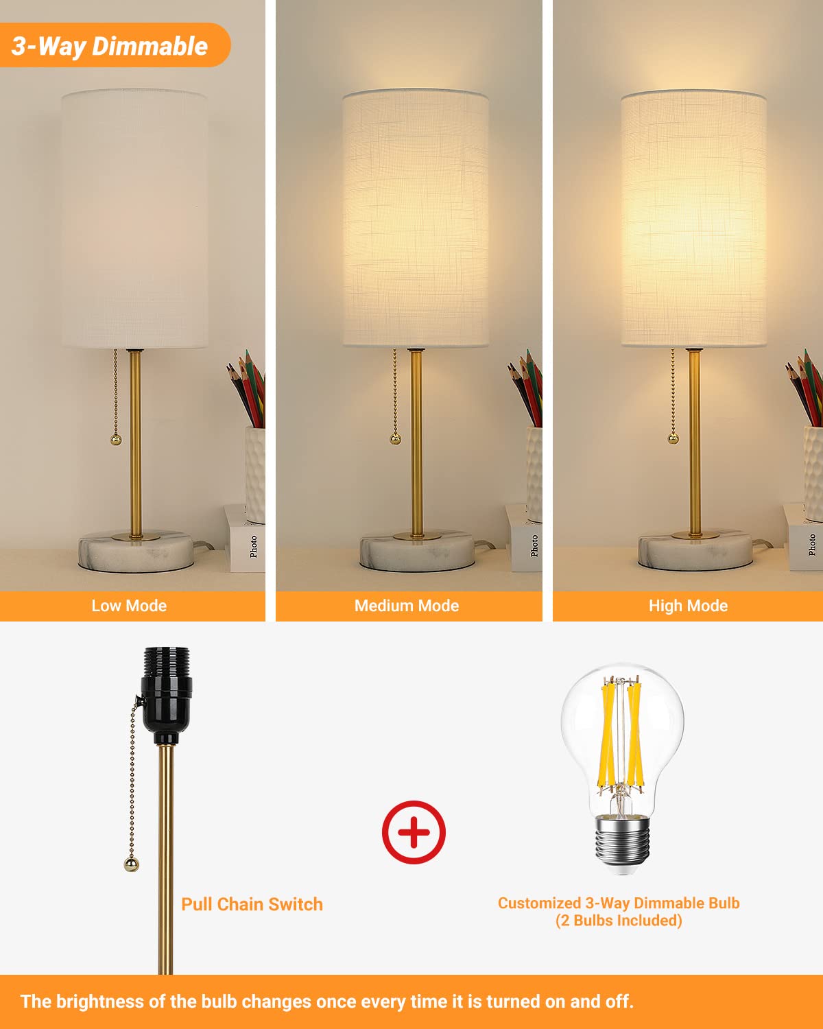 Junnai Small Table Lamp, Bedroom Lamps Set Of 2, 3 Way Dimmable Bedside Lamps With Marble Base & Linen Shade &Pull Chain Nightstand Lamps 18.5 Inches Desk Lamps For Living Room(Bulbs Included)