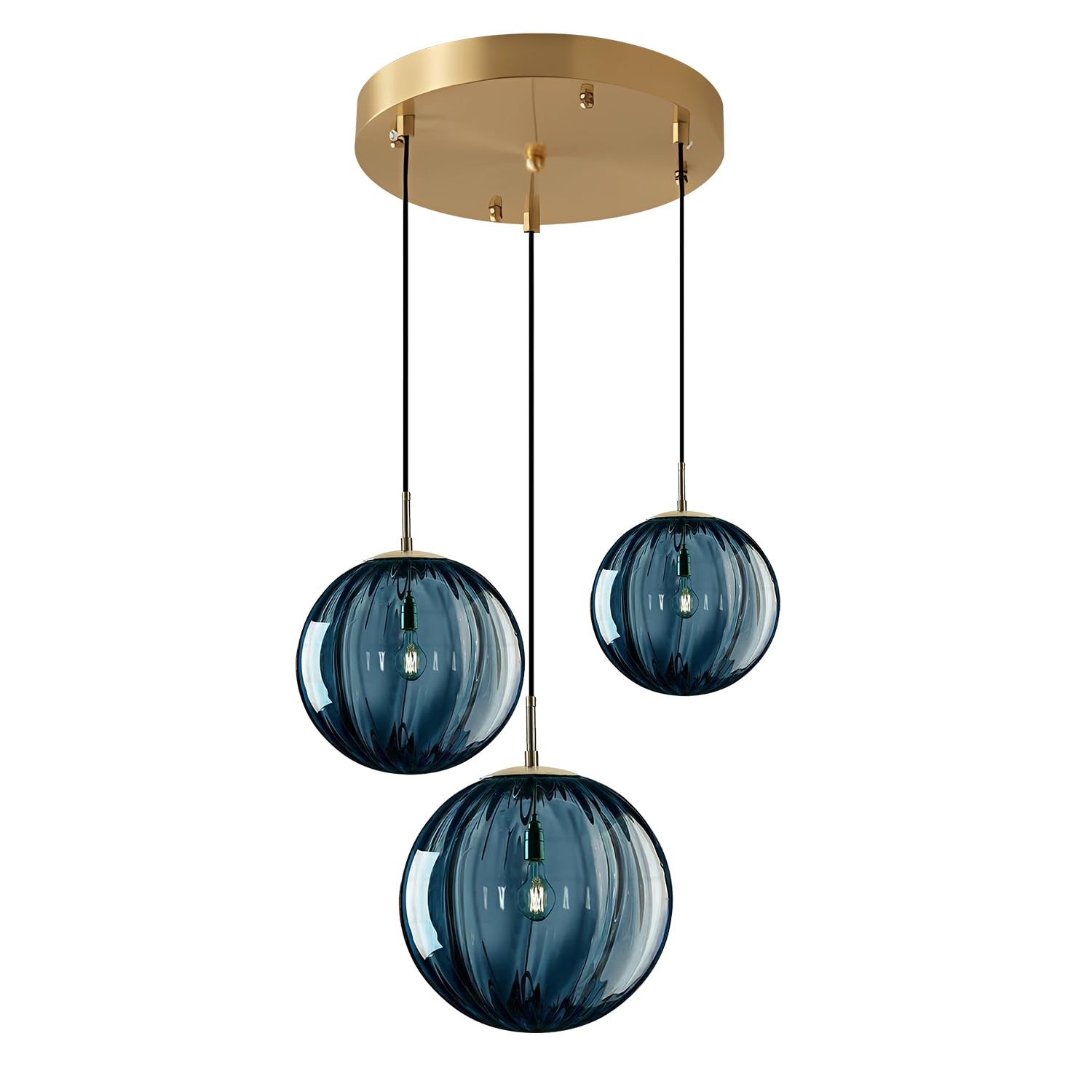 Kco Mid Century Modern Blue Glass Pendant Light Fixture, 3-Lights Brass Gold Ceiling Lamp
