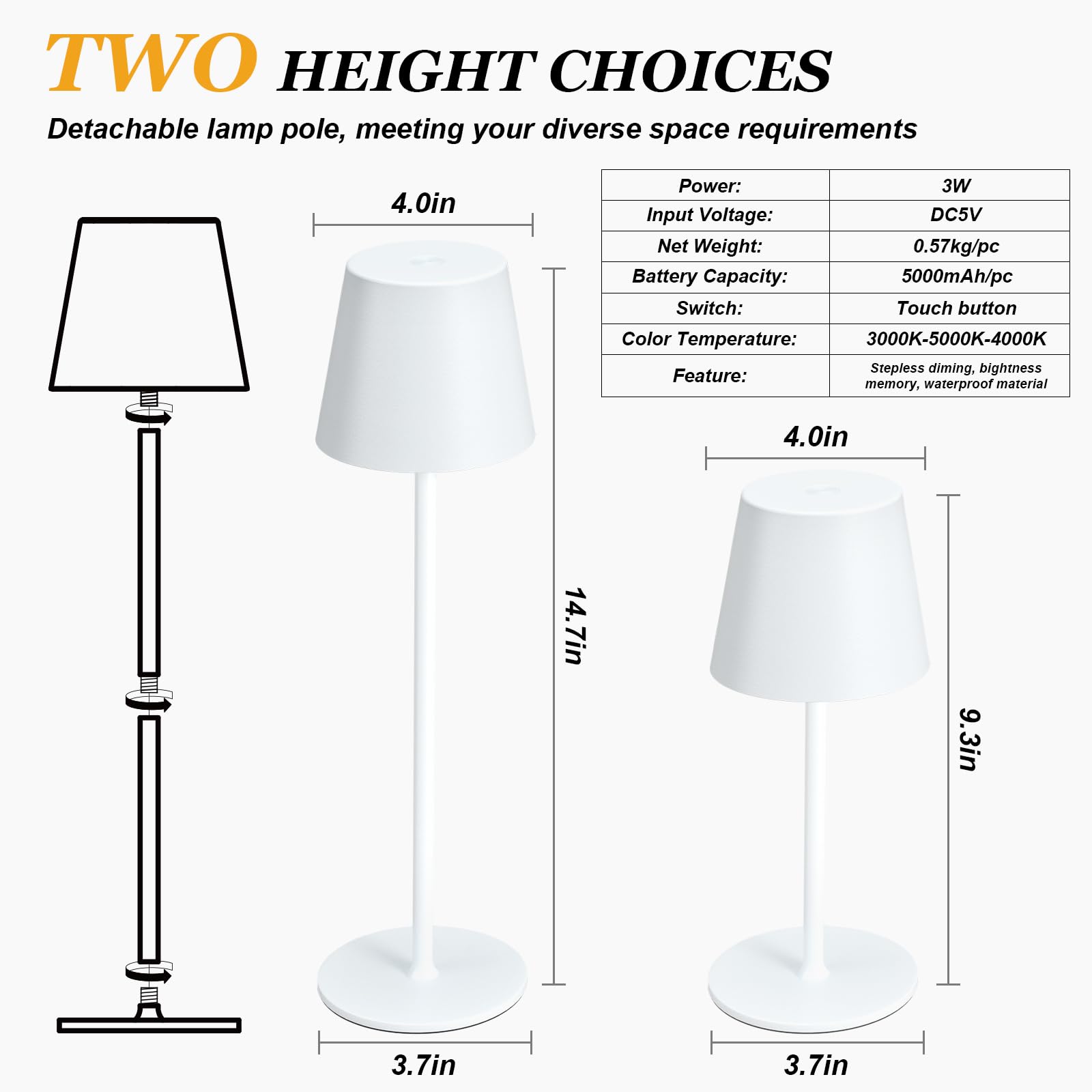 Kakanuo Cordless Table Lamp Rechargeable White - Kk 2 Pack 5000Mah Battery Operated Lamp For Table, 3 Color Stepless Dimming Wir