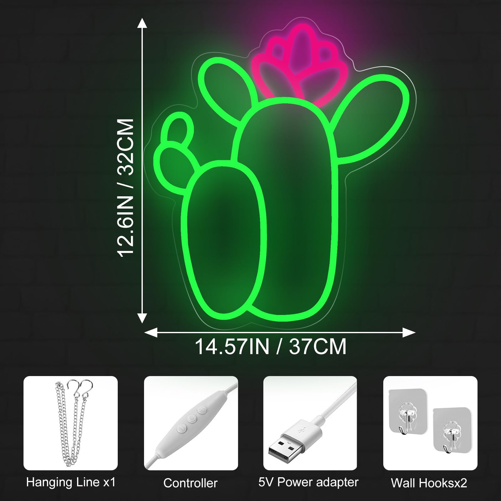 mllusxg Lotus Cactus Neon Sign - Large LED Light for Home Decor, Flower Store, Parties - Cactus Green