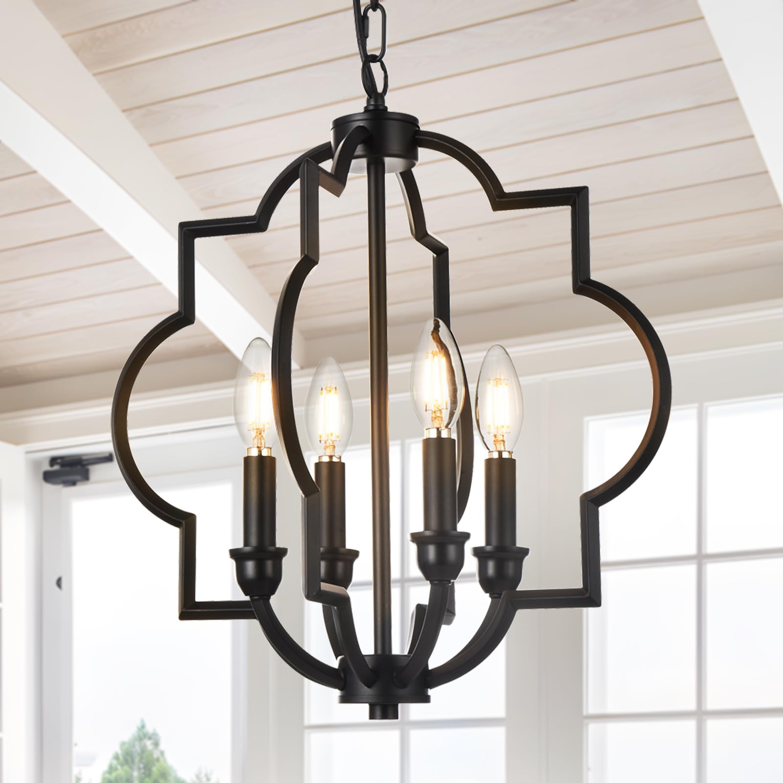 Acaner 4-Light Black Farmhouse Chandelier, 15.6'' Rustic Black Lantern Light Fixtures, Orb Geometric Adjustable Height Hanging P