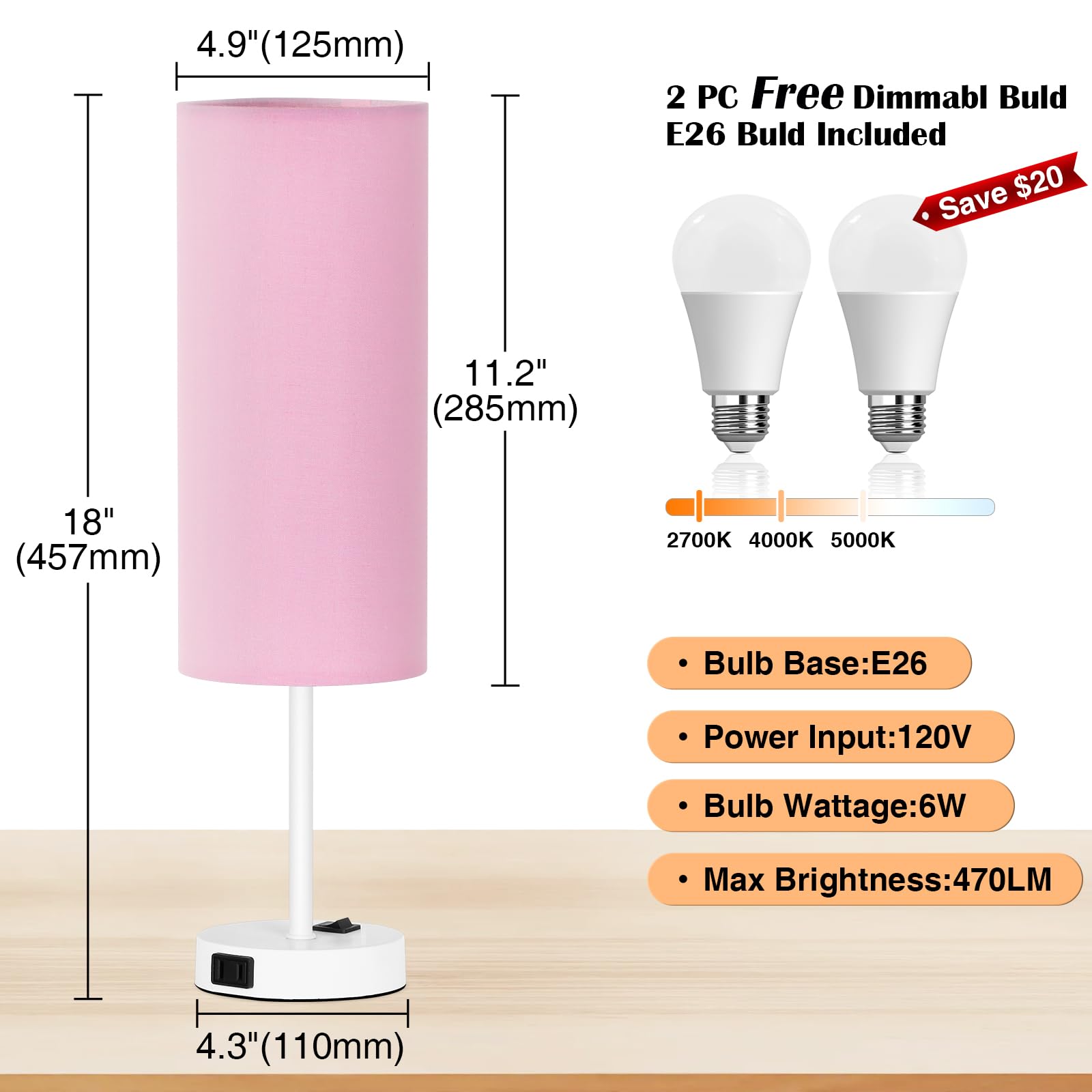 Zjojo Table Lamp For Bedroom 2 Pack,18In Bedside Lamps With 3 Way Dimmable Rocker Switch & Ac Outlet,Nightstand Desk Lamp With P