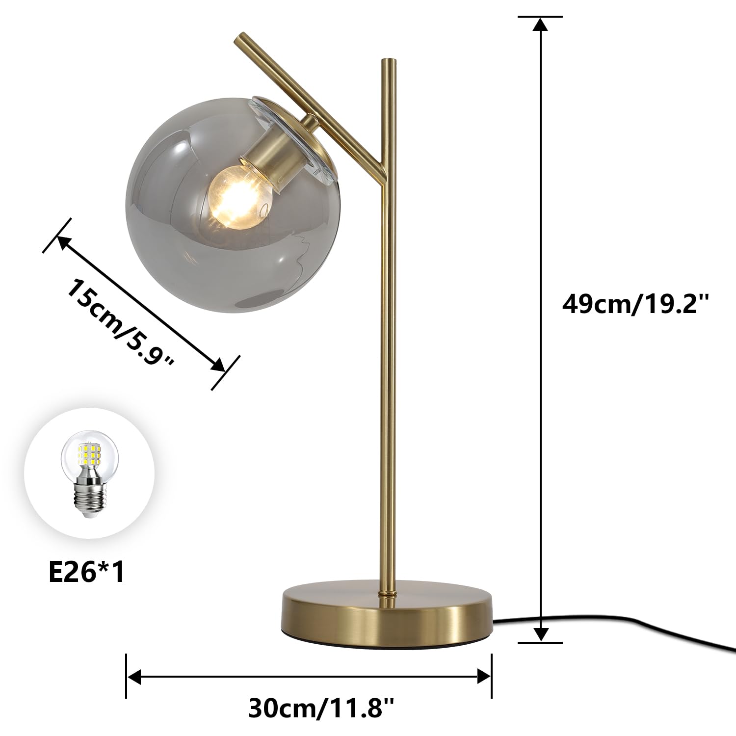 Fulesi Mid Century Desk Lamp Glass Globe Table Lamp With Gray Glass Lampshade Gold Modern Bedside Lamps For Bedroom Living Room