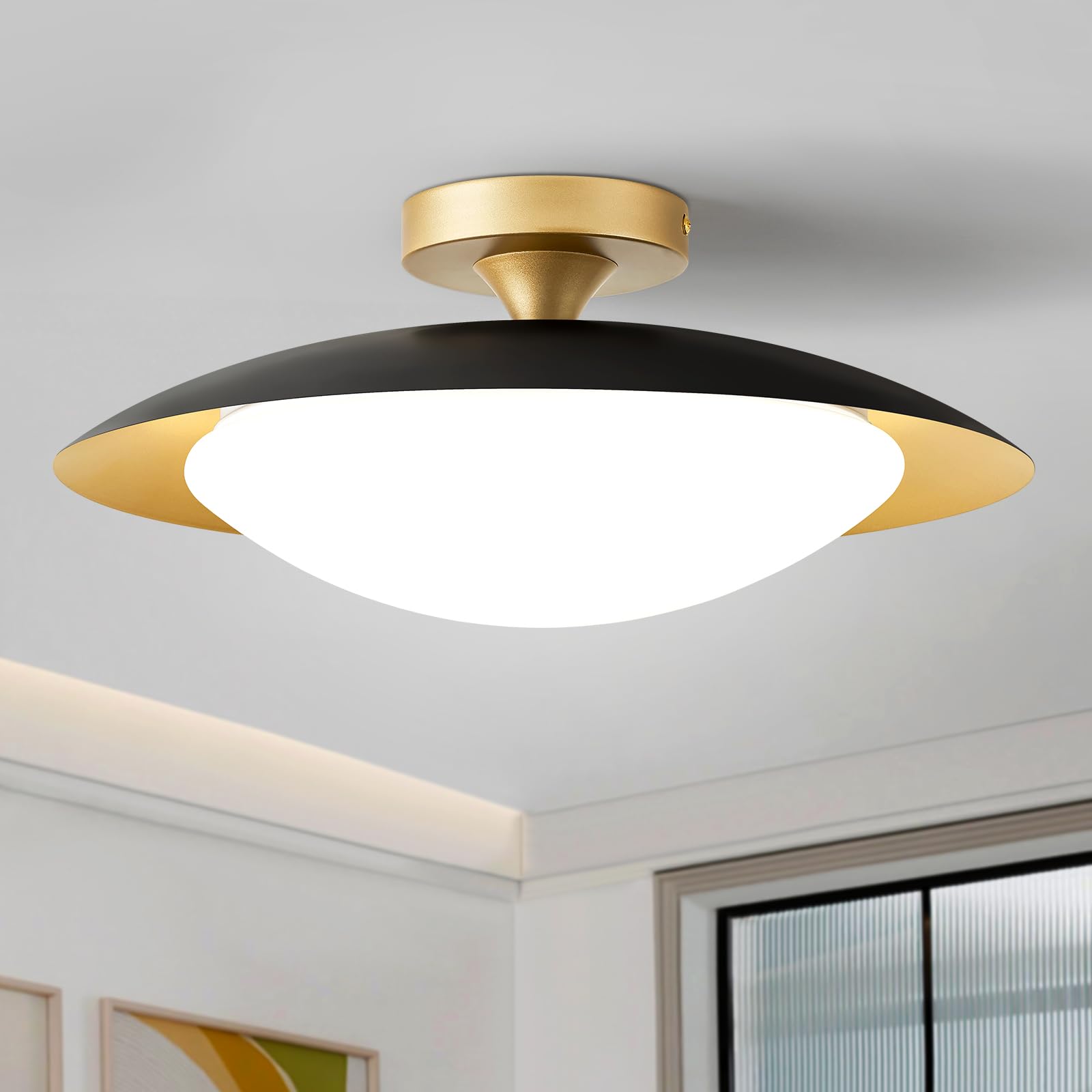 Zuyurt Dimmable Mid Century Modern Ceiling Light 5Cct Led Black And Gold Semi Flush Mount Ceiling Lighting  For Kitchen Bedroom Hallway Bathroom 2700K-6000K 15.75 In