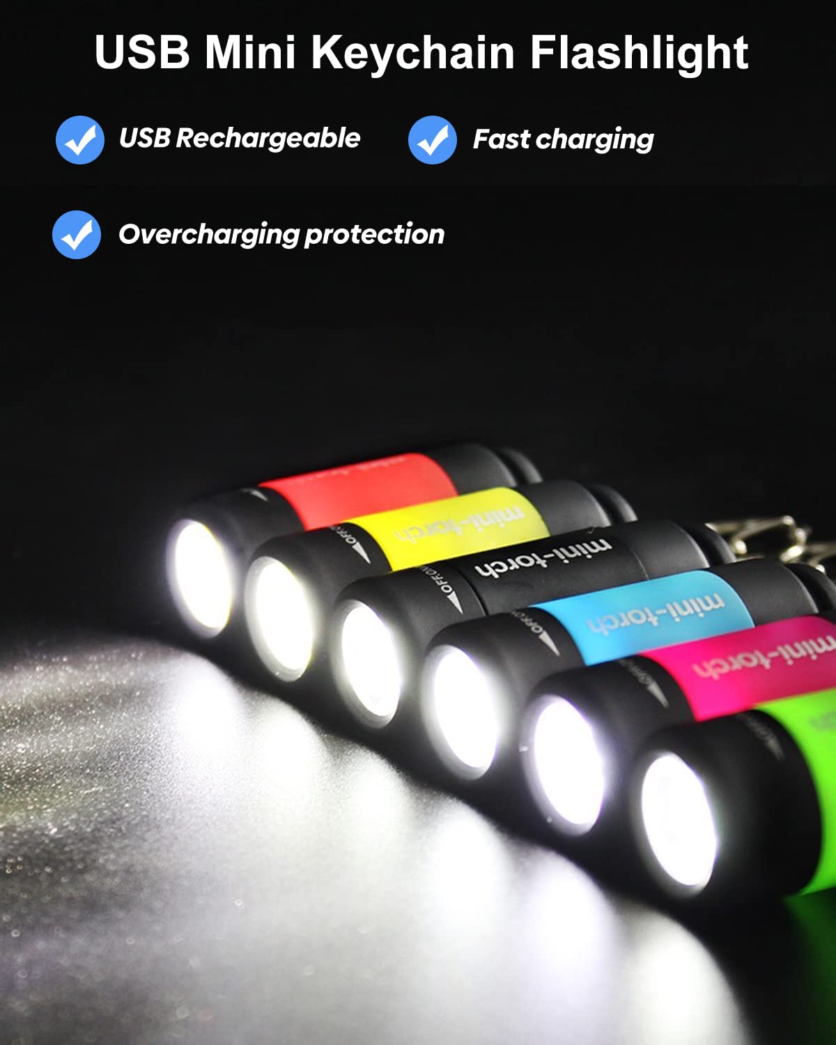 Cussity Mini Flashlight Keychain 7 Pack, Rechargeable LED Torches, Waterproof, Colorful, Model 7XCUSB12