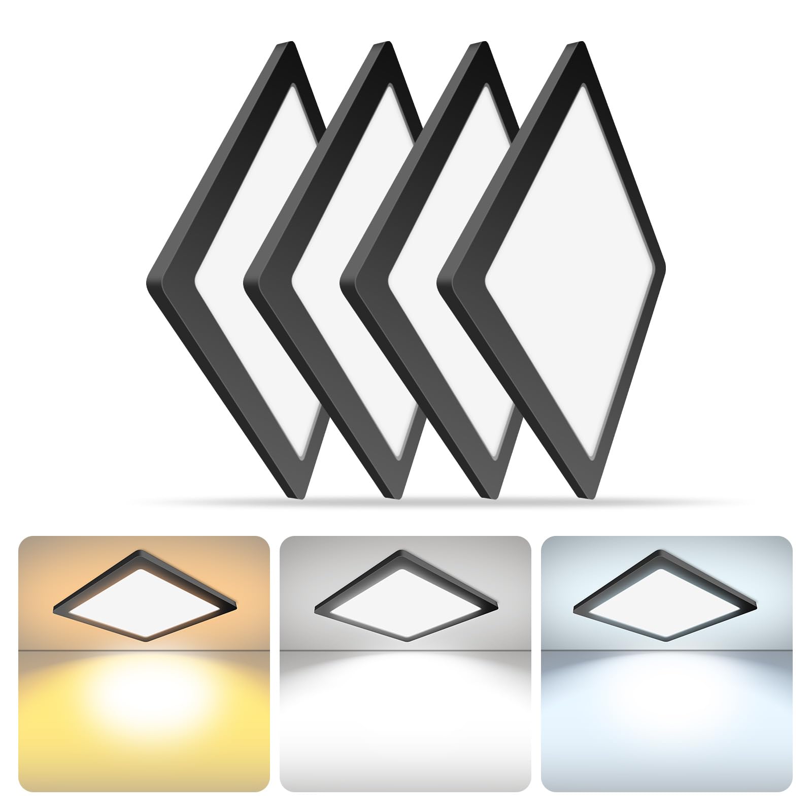 Mw 4 Pack 7 Inch Square Black Ceiling Light, 12W, 120V, 3000K/4000K/5000K, Dimmable Slim Led Ceiling Lights, Close To Ceiling Li