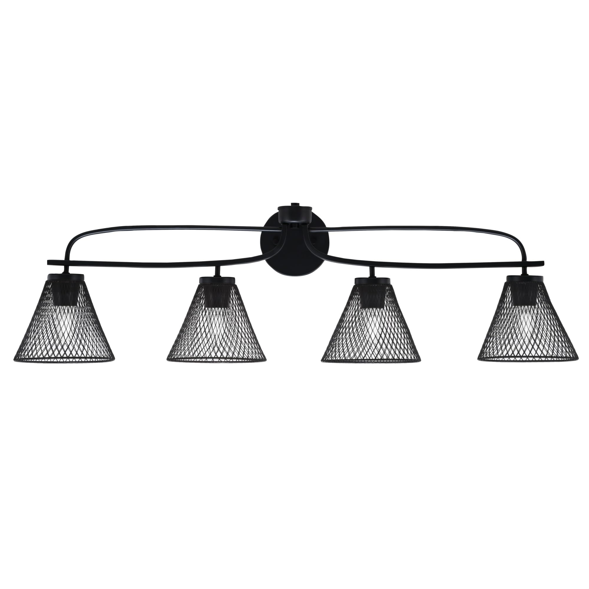 Cavella 4 Light Bath Bar Shown In Matte Black Finish With 7" Matte Black Cone Mesh Metal Shades