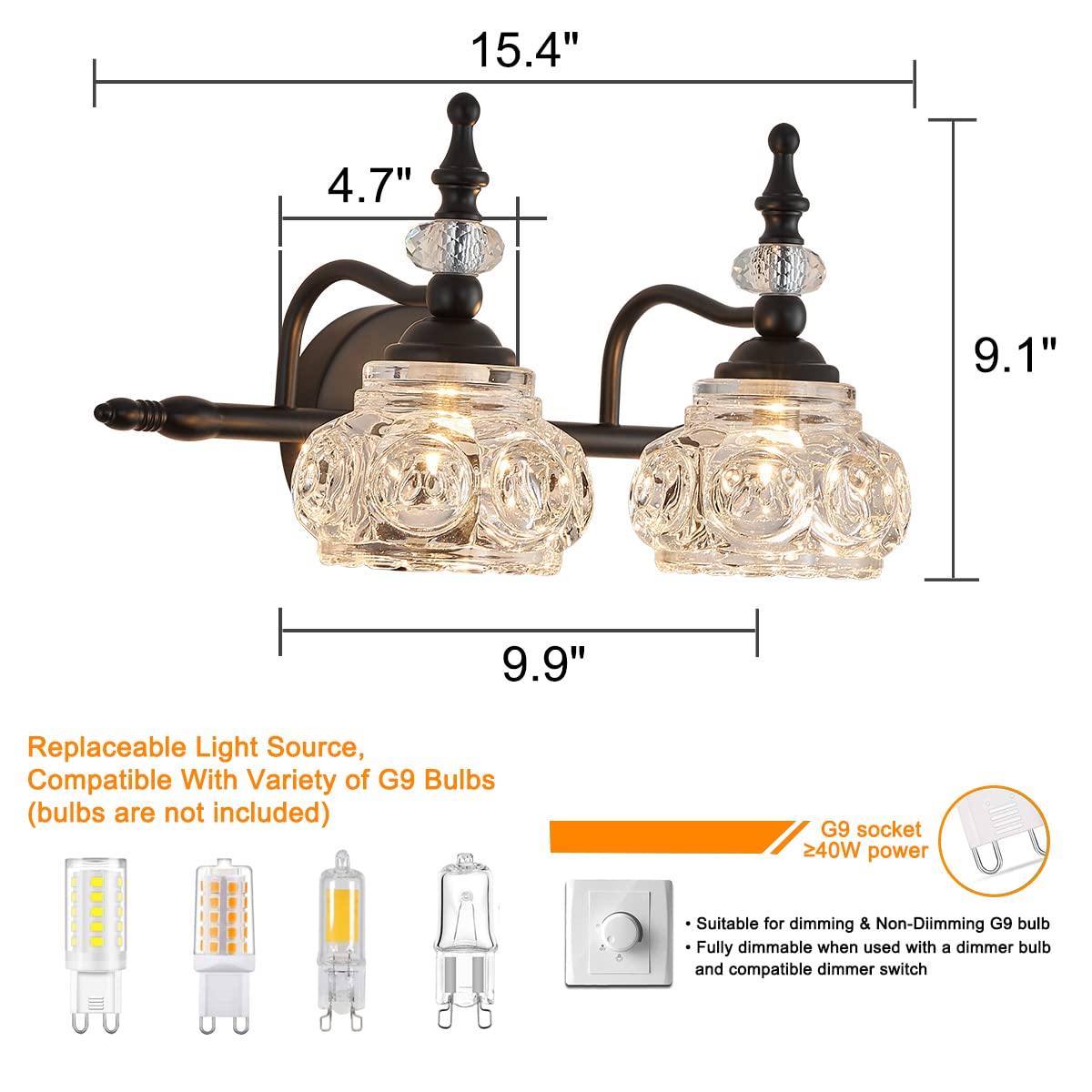 Zilanl 2-Light Vintage Crystal Wall Sconce, Black Finish, Glass Shade For Bathroom & Bedroom