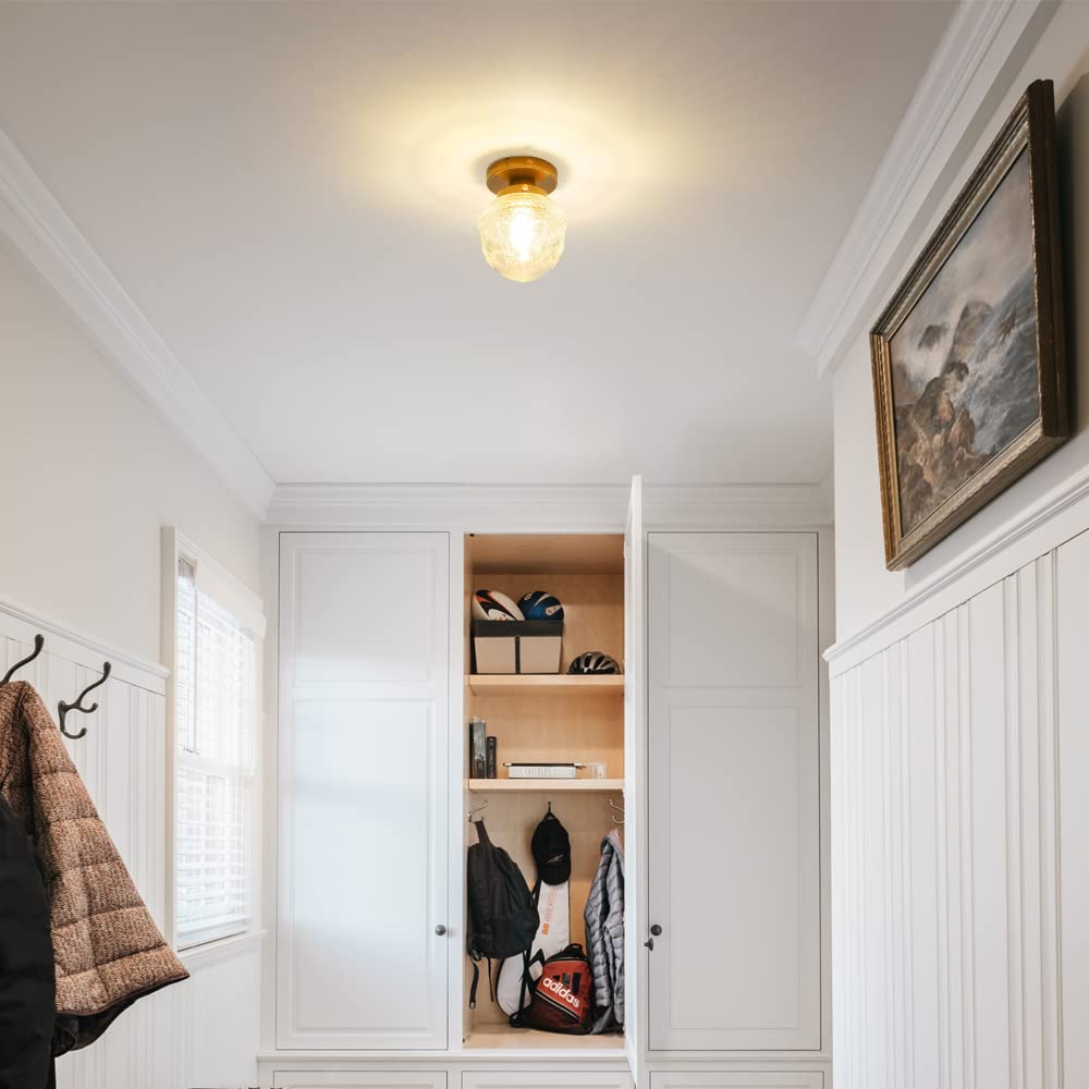 Dsmjfu Brass Semi Flush Mount Ceiling Light, Small Hallway Light Fixture, Vintage Close To Ceiling Light Fixture For Bathroom, E
