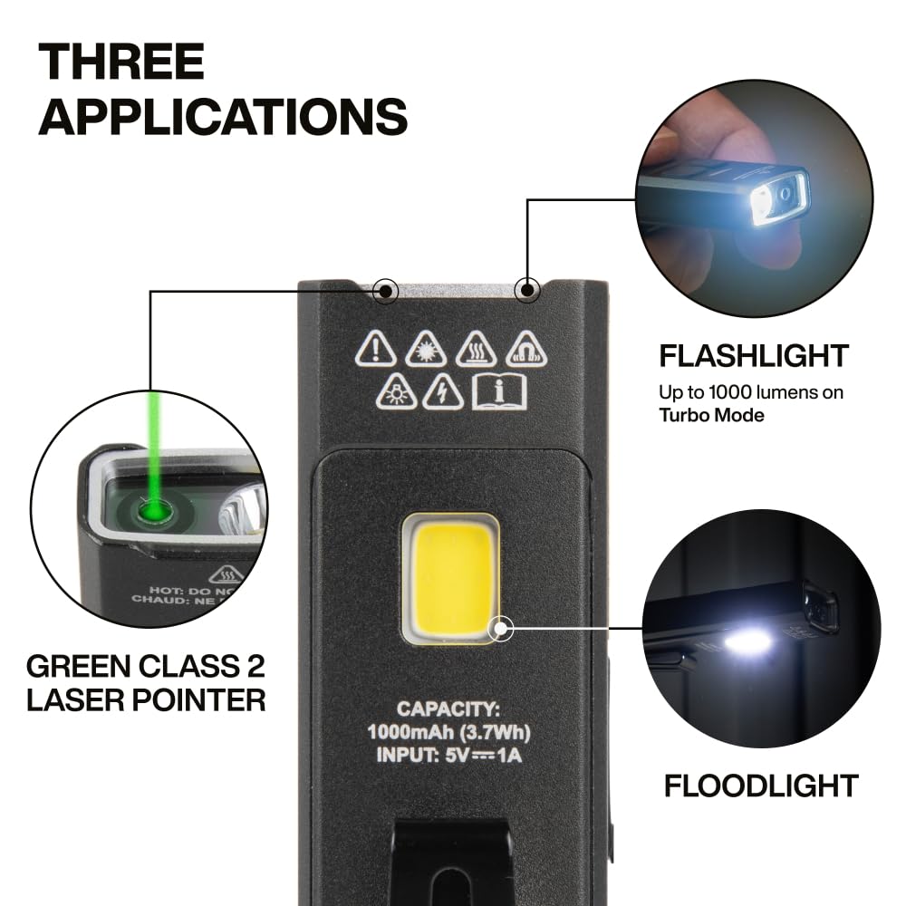 KLEIN TOOLS 56074 EDC Pocket Flashlight, 1000 Lumens, Green Laser, Gray, Rechargeable, Turbo Mode, Built-in Floodlight