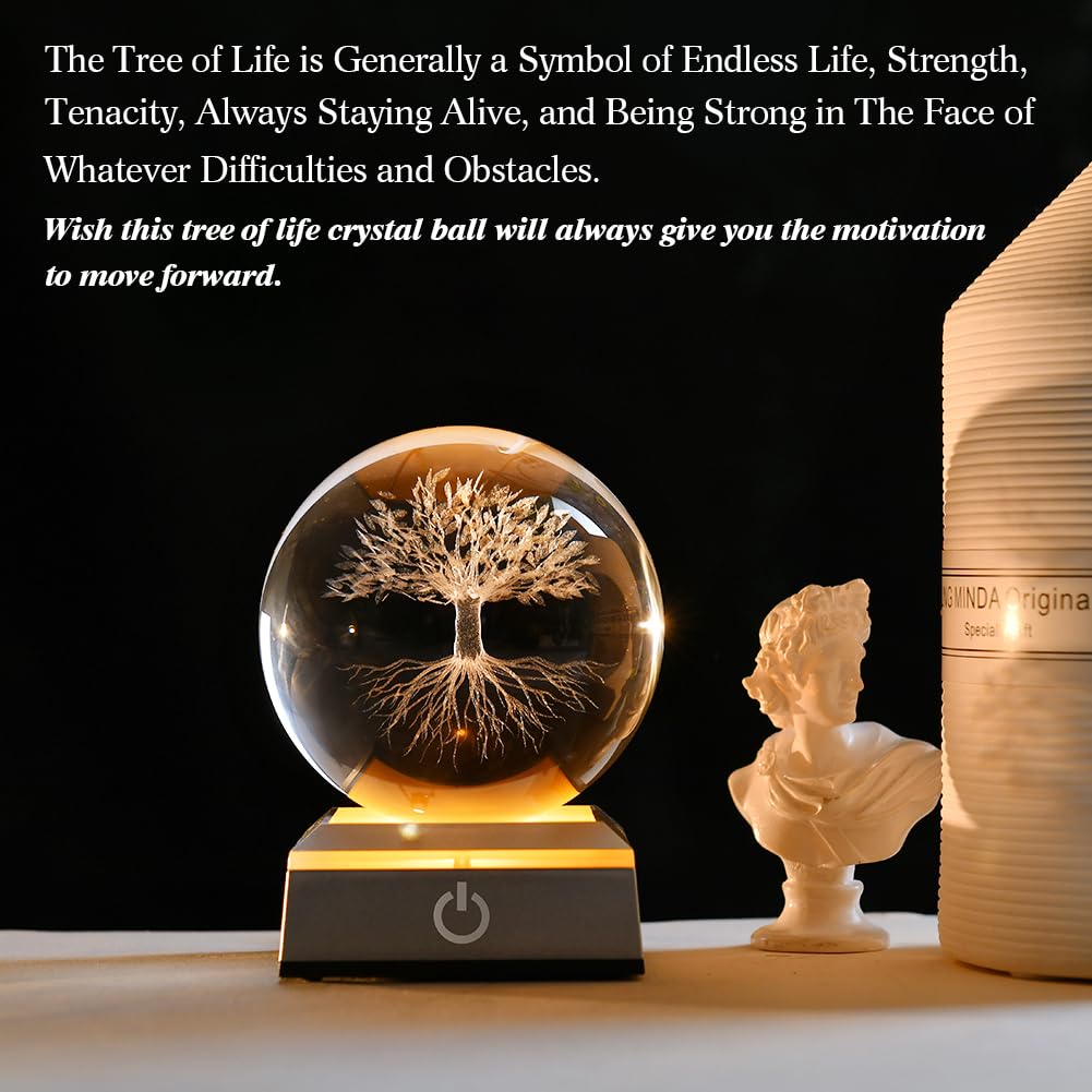Zrenjhus 80Mm 3D Tree Of Life Crystal Ball With Colorful Light Touch Base Life Tree Night Light Flower Of Life Decor Healing Bal